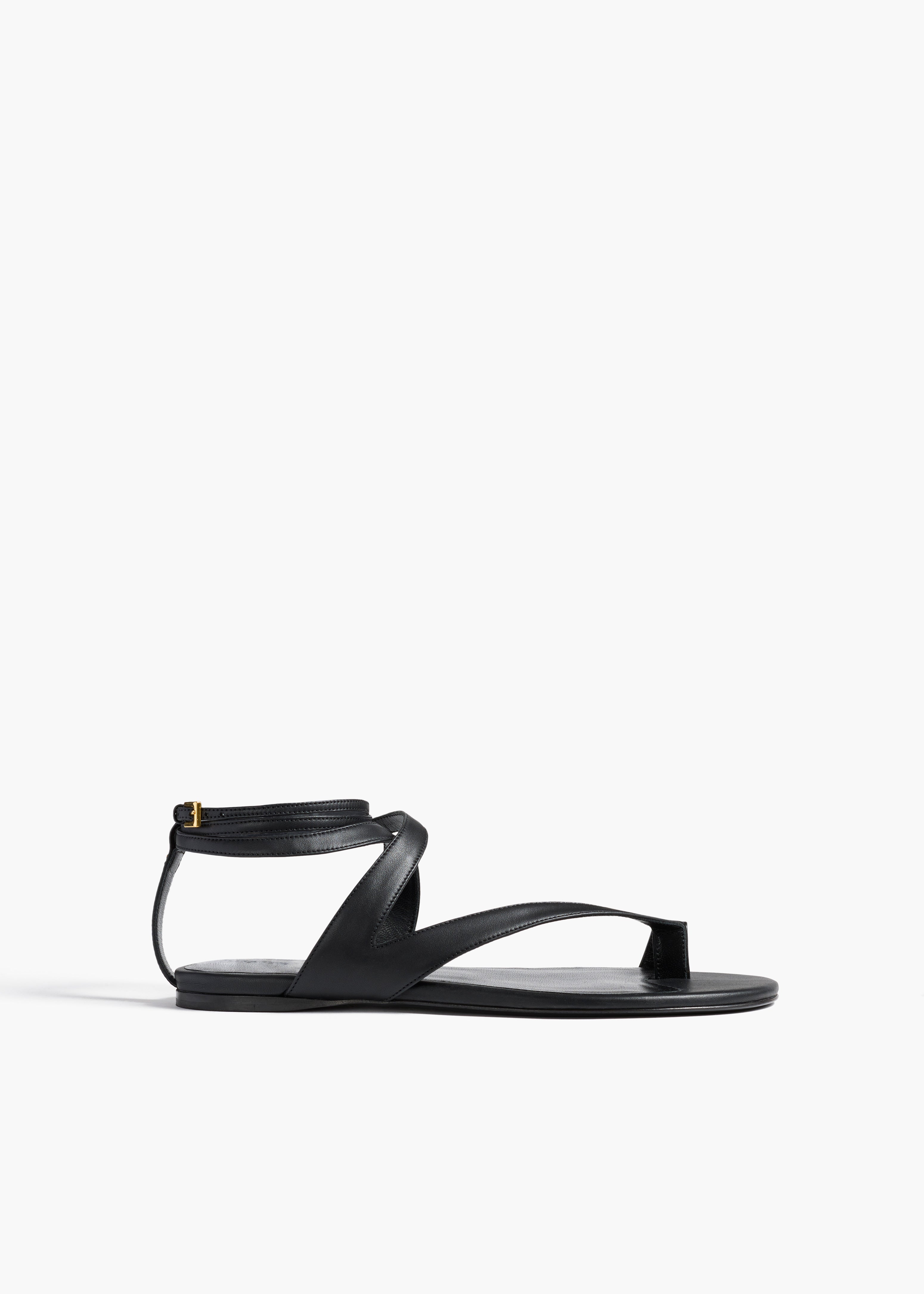 Aimee Ankle Strap Flat Sandal in Black Leather FRONT VIEW