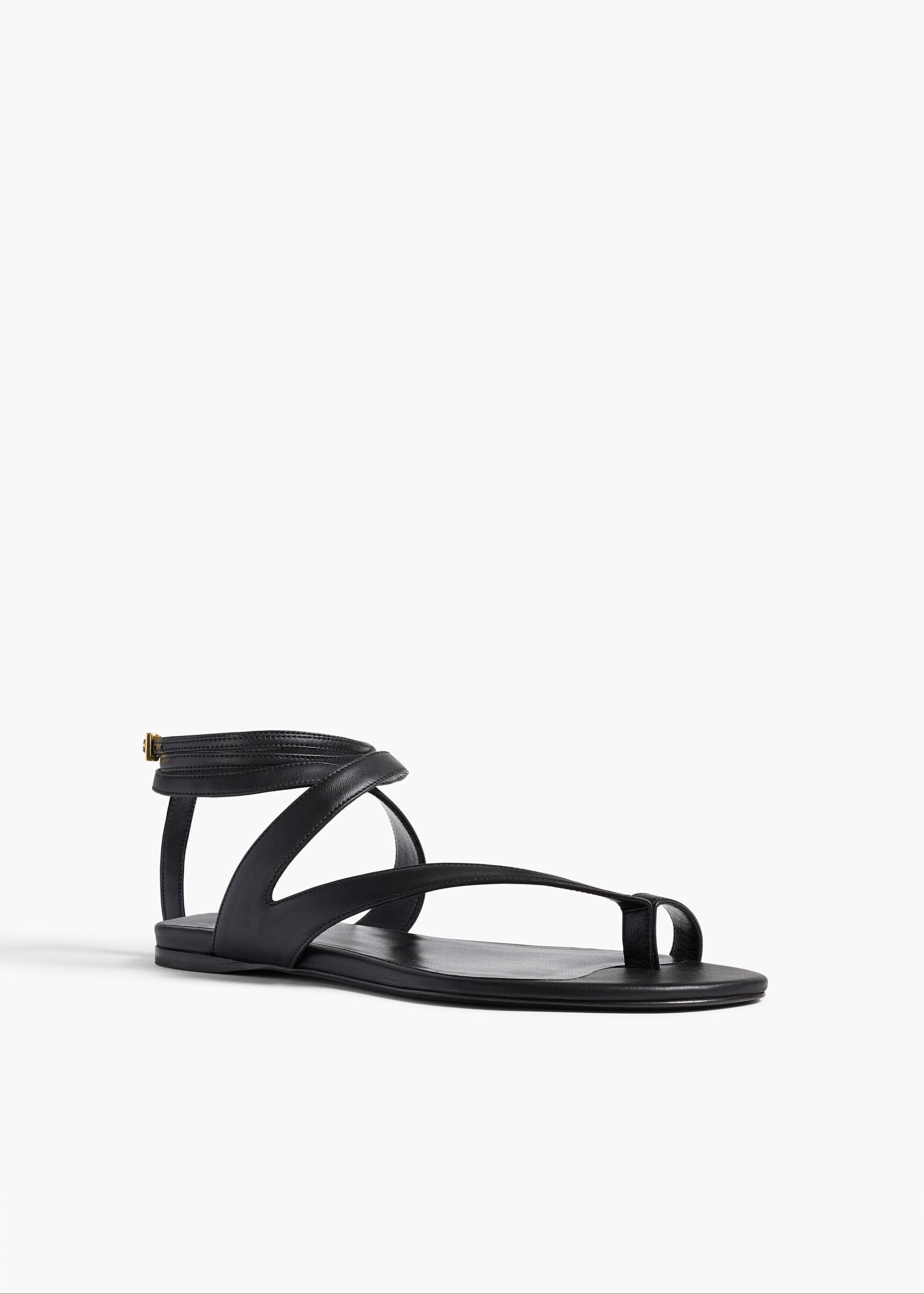 Aimee Ankle Strap Flat Sandal in Black Leather ANGLED VIEW