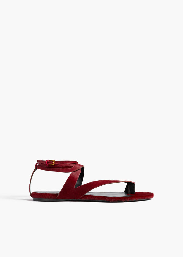 Aimee Ankle Strap Flat Sandal in Cherry Haircalf FRONT VIEW