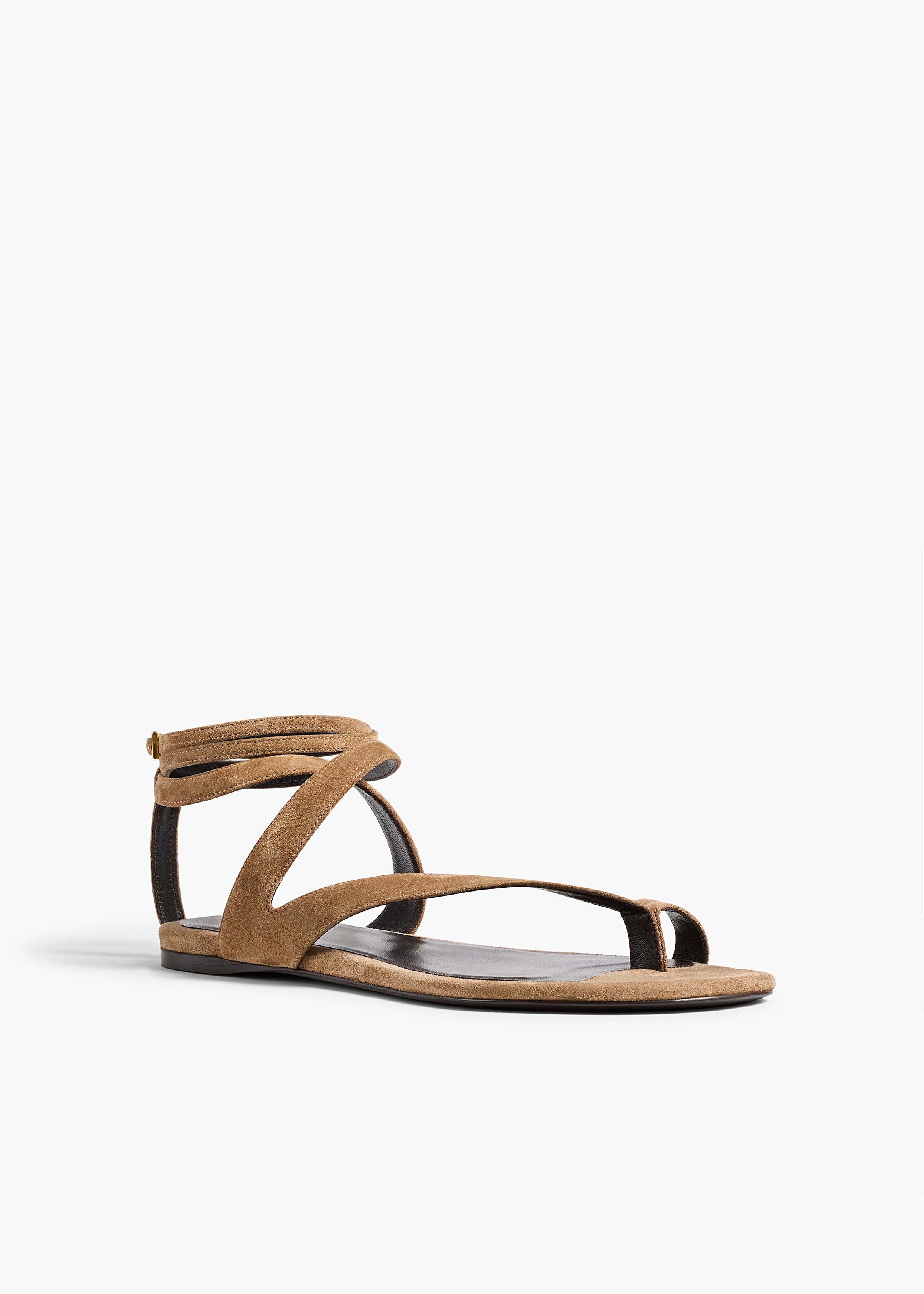 Aimee Ankle Strap Flat Sandal in Taupe Suede ANGLED VIEW