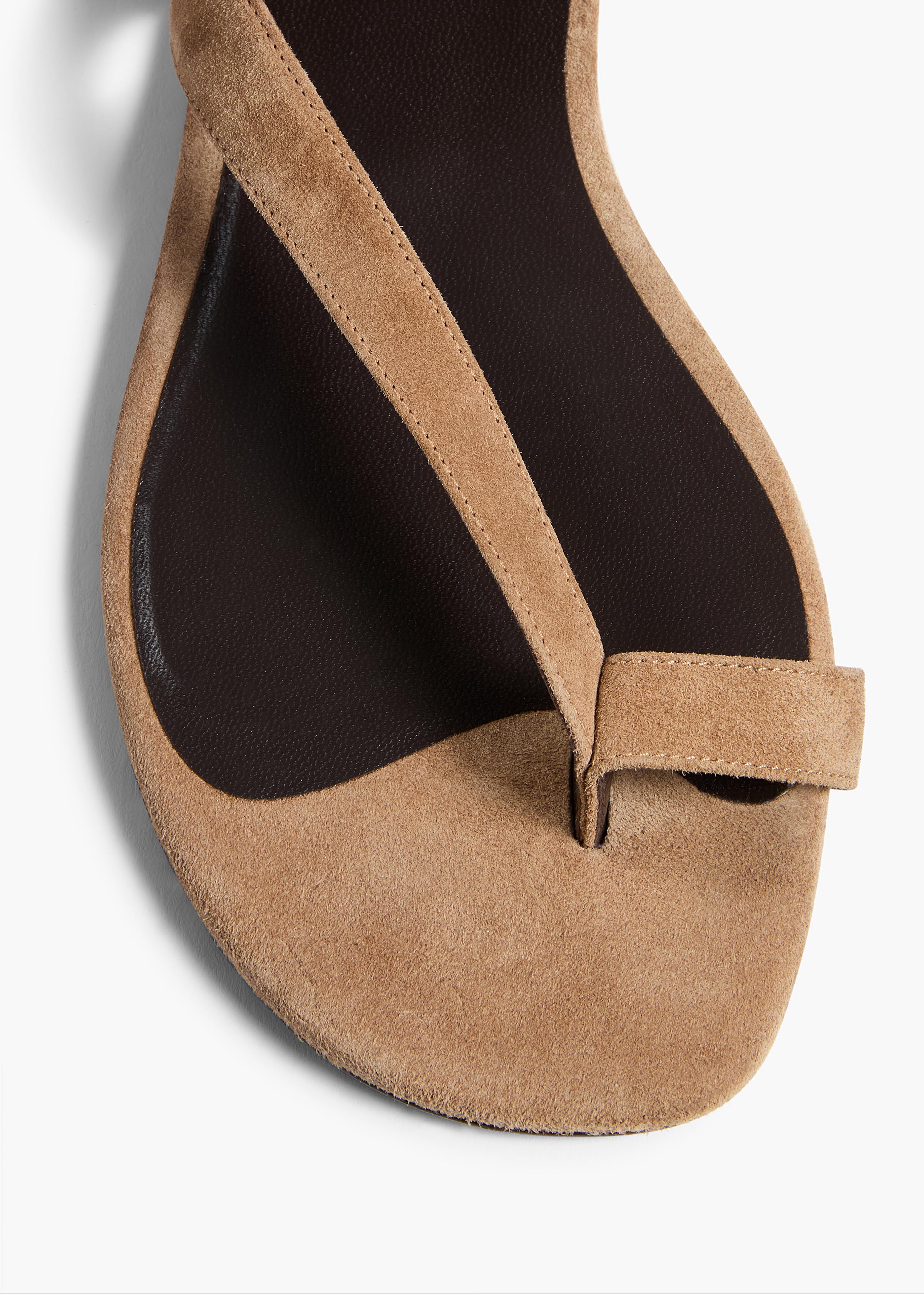 Aimee Ankle Strap Flat Sandal in Taupe Suede OVERHEAD VIEW
