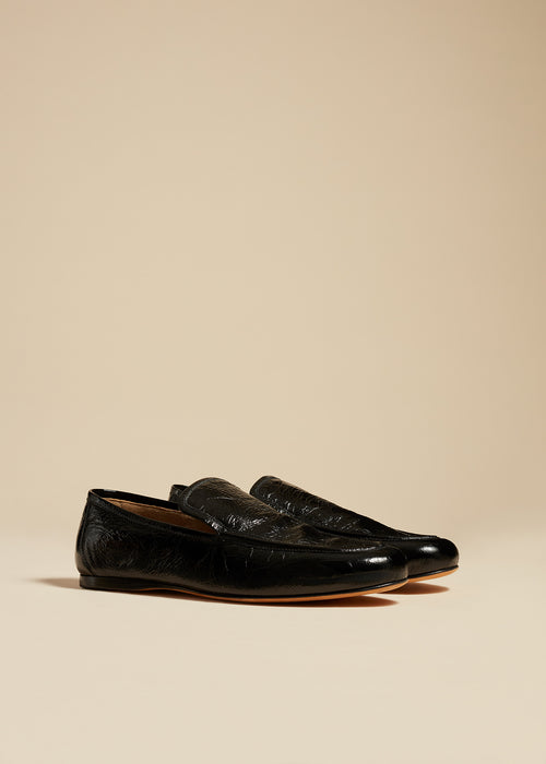 The Alessia Loafer in Black Crinkled Leather