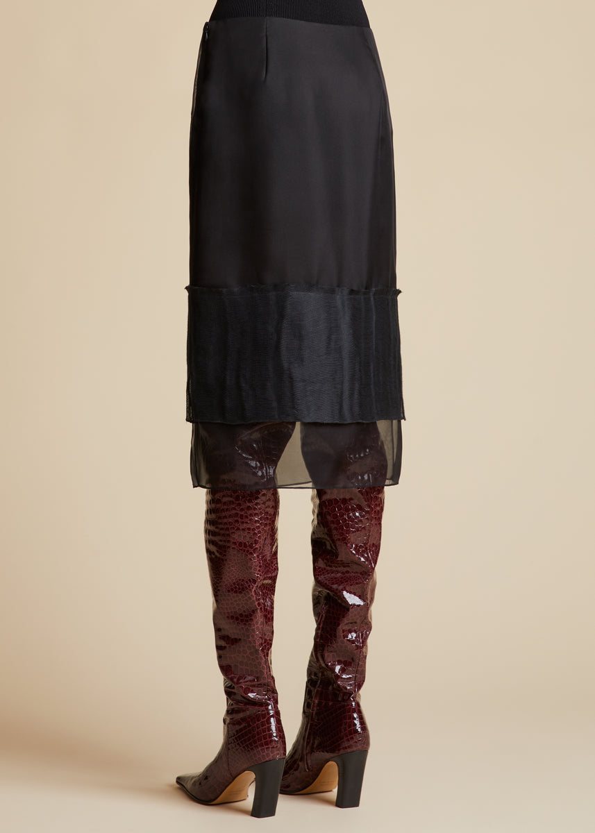 The Marfa Knee-High Boot in Bordeaux Croc-Embossed Leather