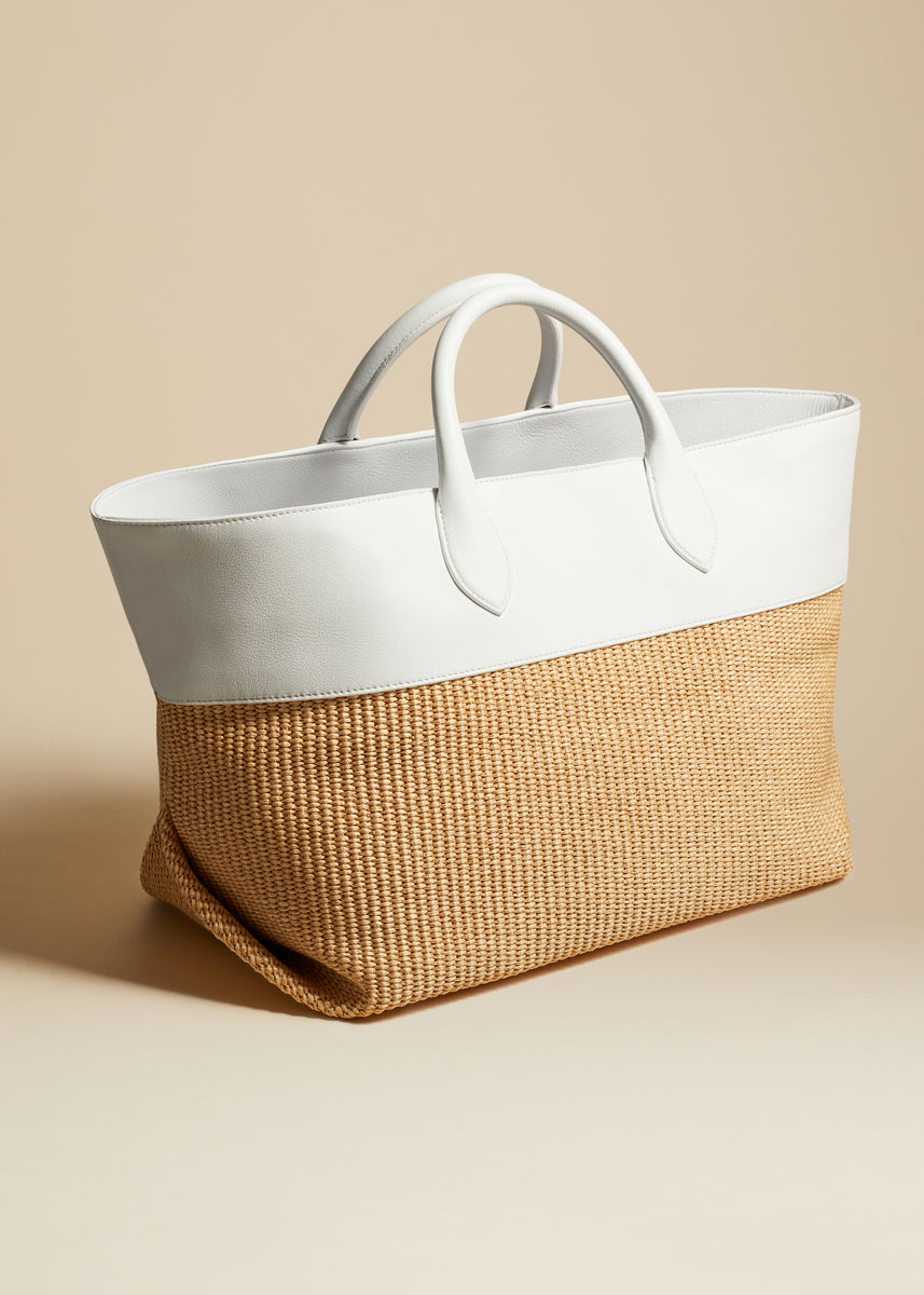 The Medium Amelia Tote in Natural Raffia and White Leather