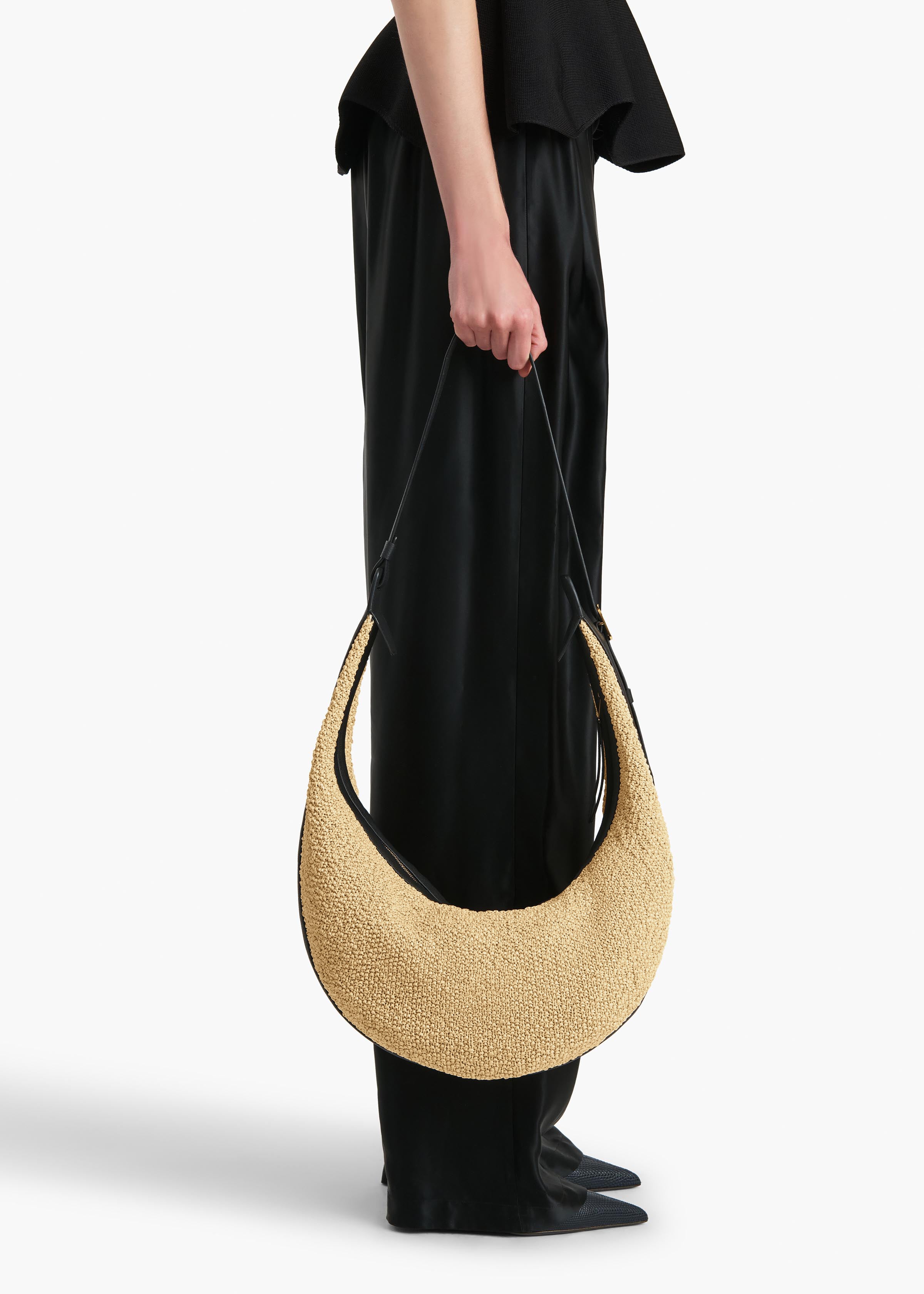 KHAITE - Augustina Hobo in Natural Raffia and Black Leather