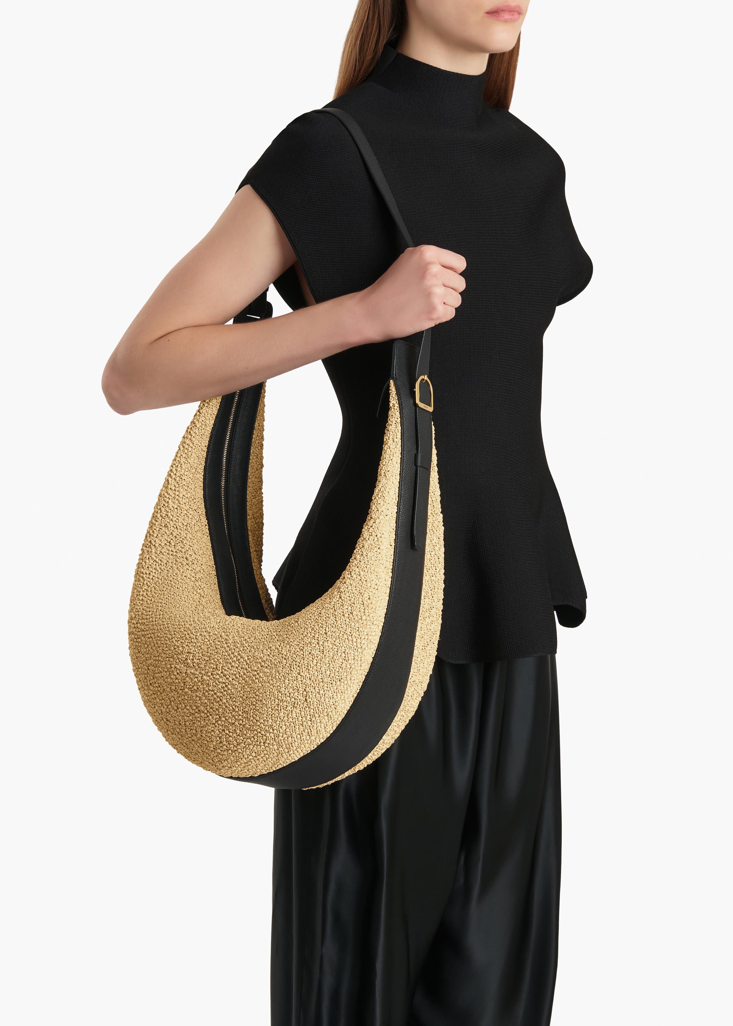 KHAITE - Augustina Hobo in Natural Raffia and Black Leather