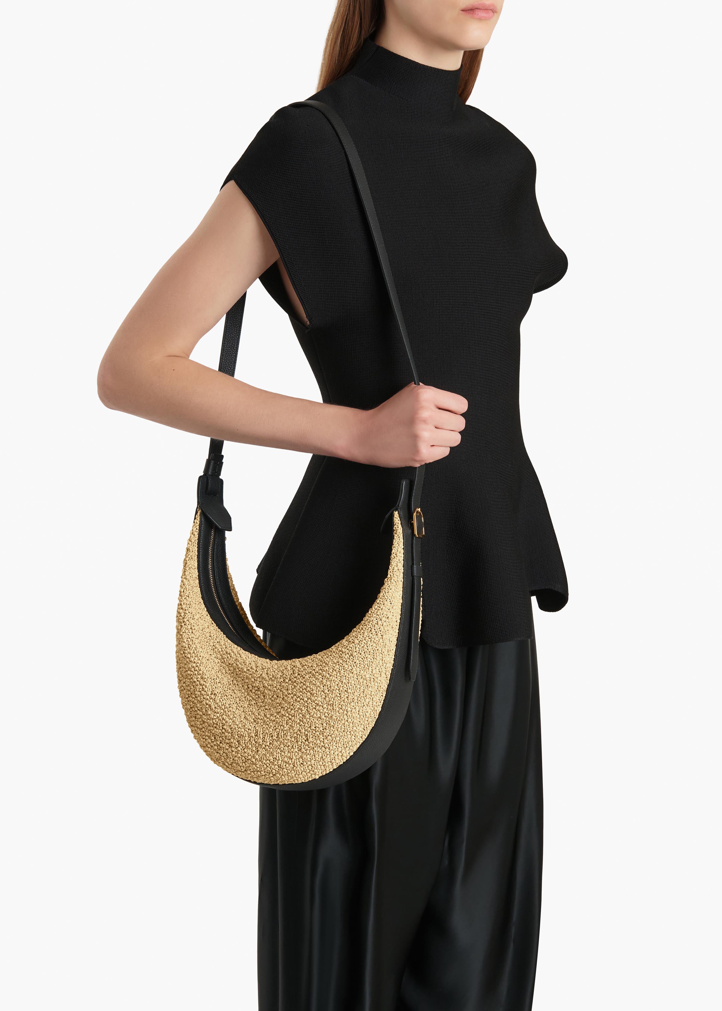 KHAITE - Small Augustina Hobo in Natural Raffia and Black Leather