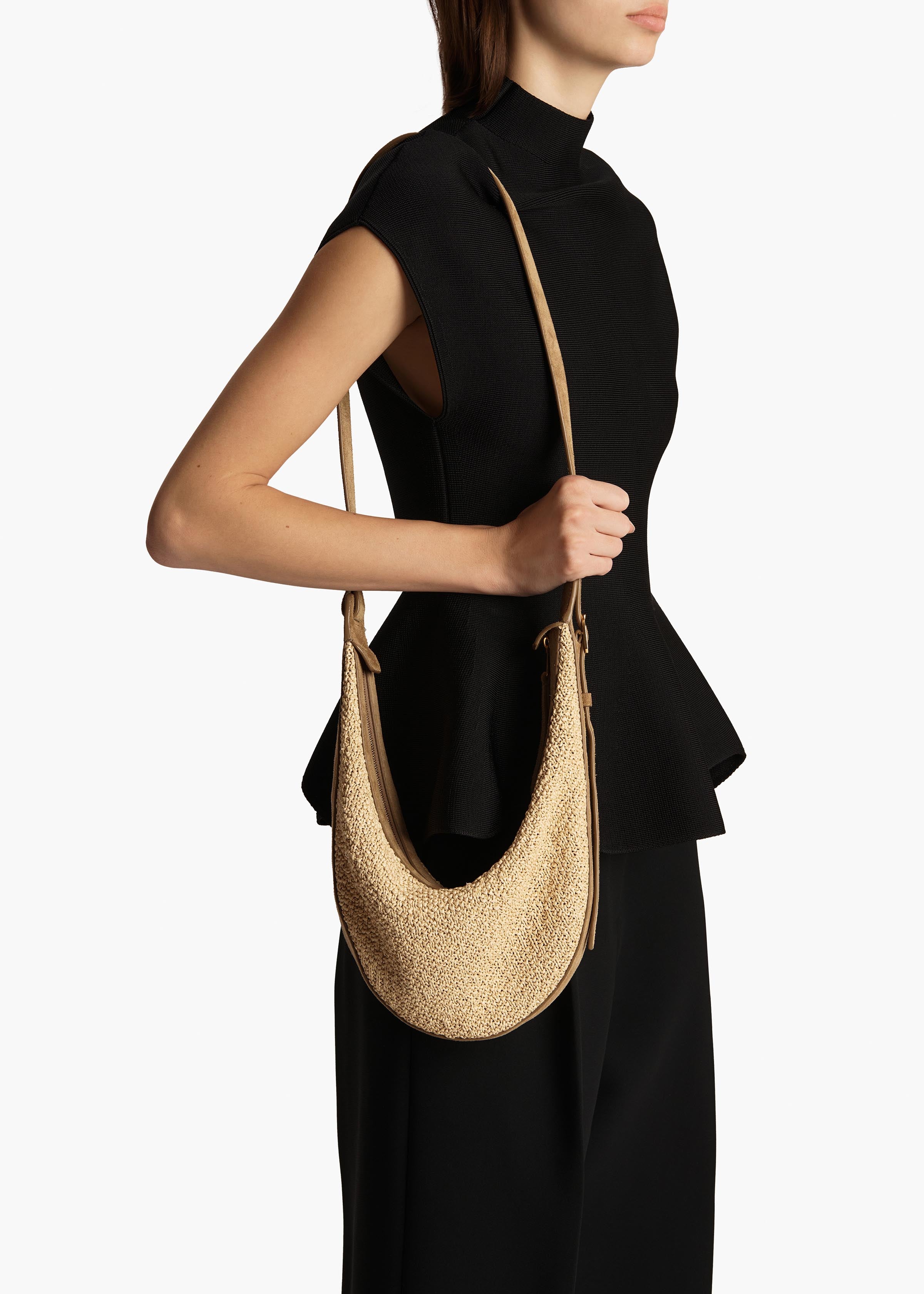 Small Augustina Crossbody Bag in Wheat Suede and Natural Raffia ON FIGURE 1