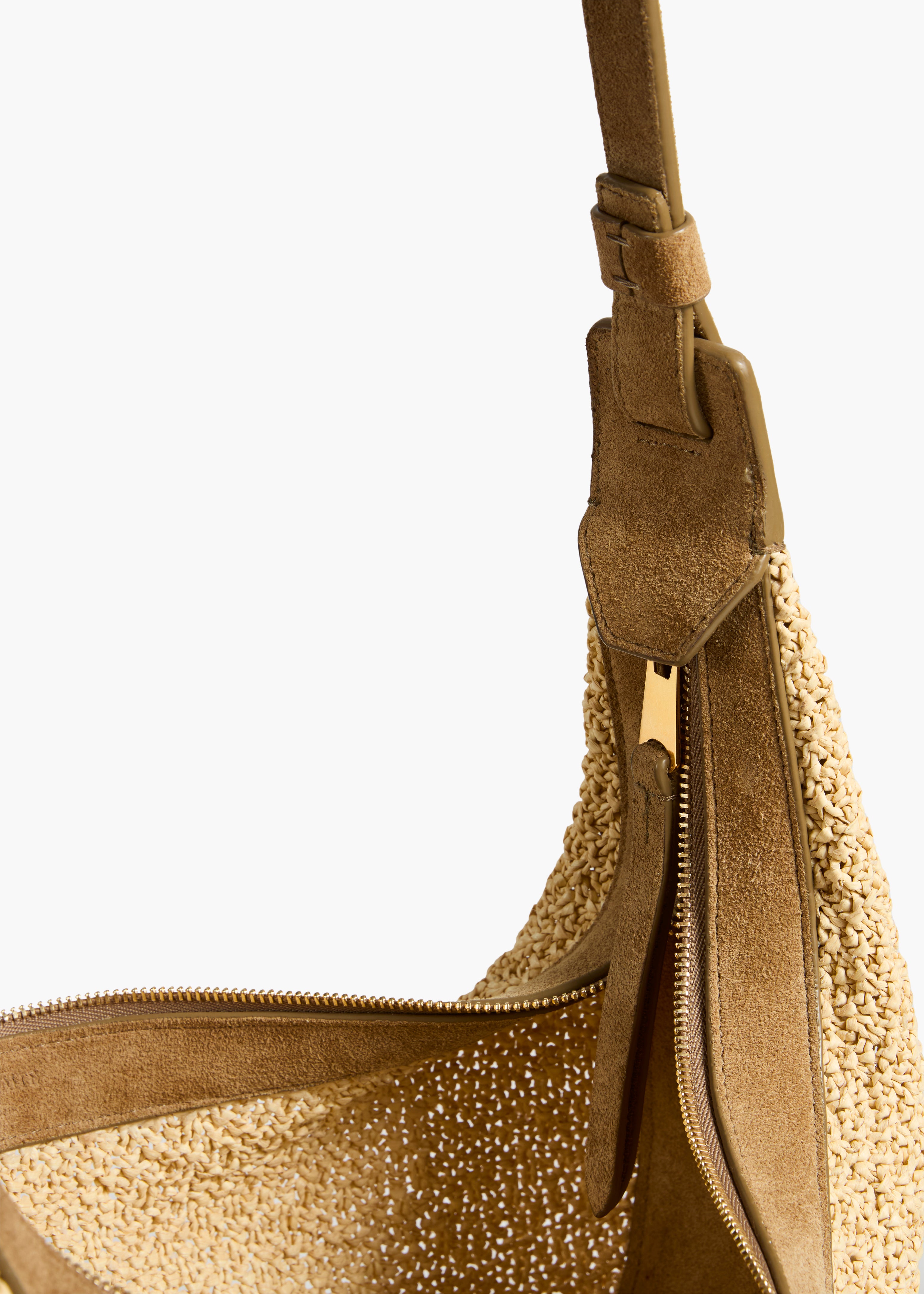 Small Augustina Crossbody Bag in Wheat Suede and Natural Raffia DETAILED VIEW 2