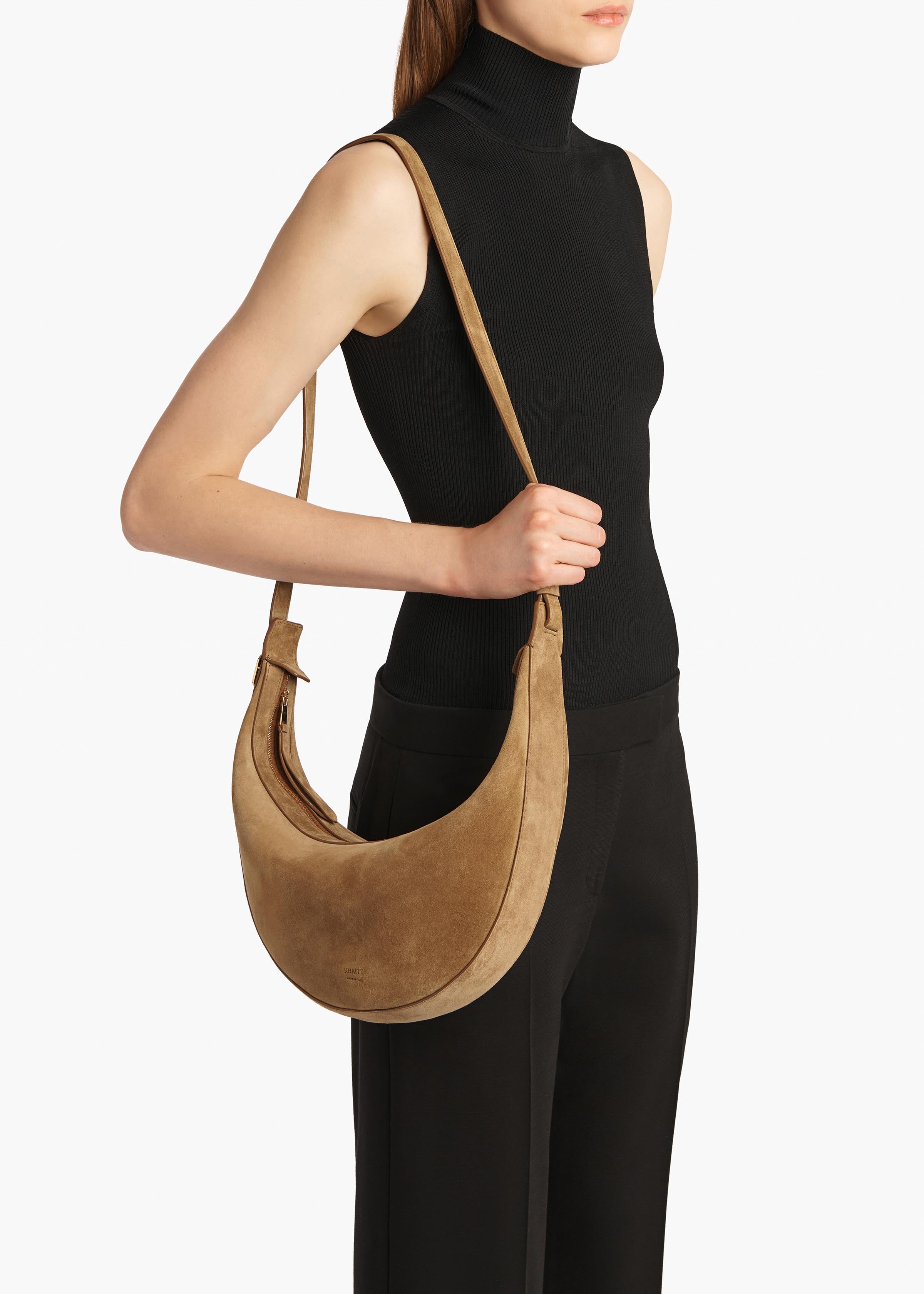 Small Augustina Crossbody Bag in Mud Suede ON FIGURE 1