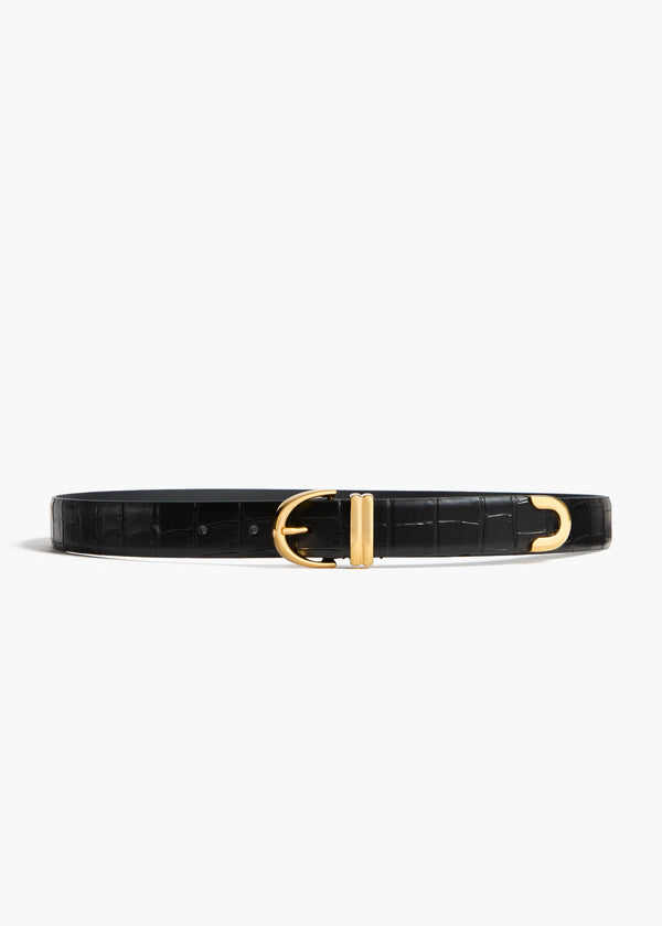 Bambi Belt in Black Croc-Embossed Leather with Gold FLAT VIEW