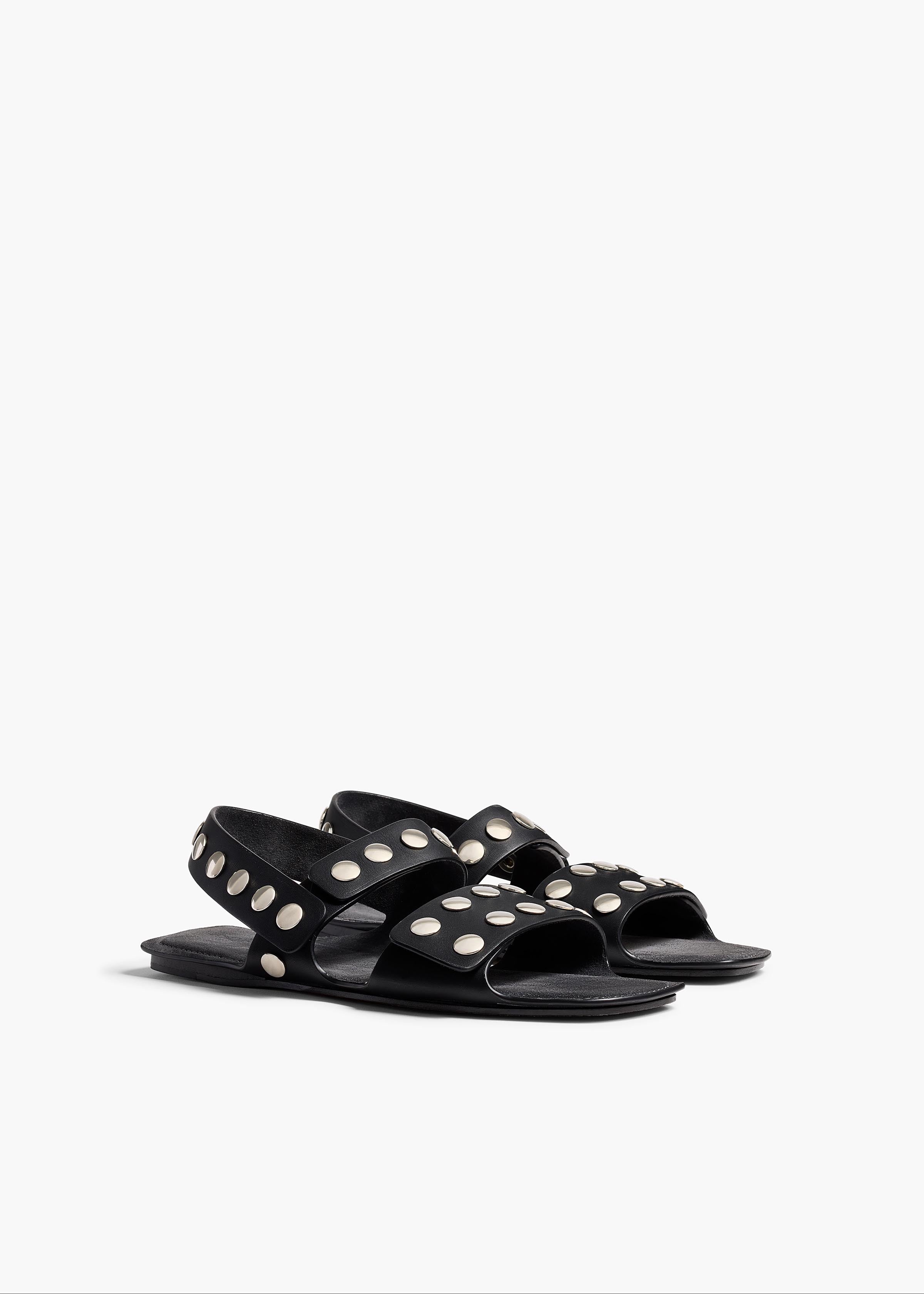 Boden Flat in Black Leather with Silver Studs ANGLED VIEW