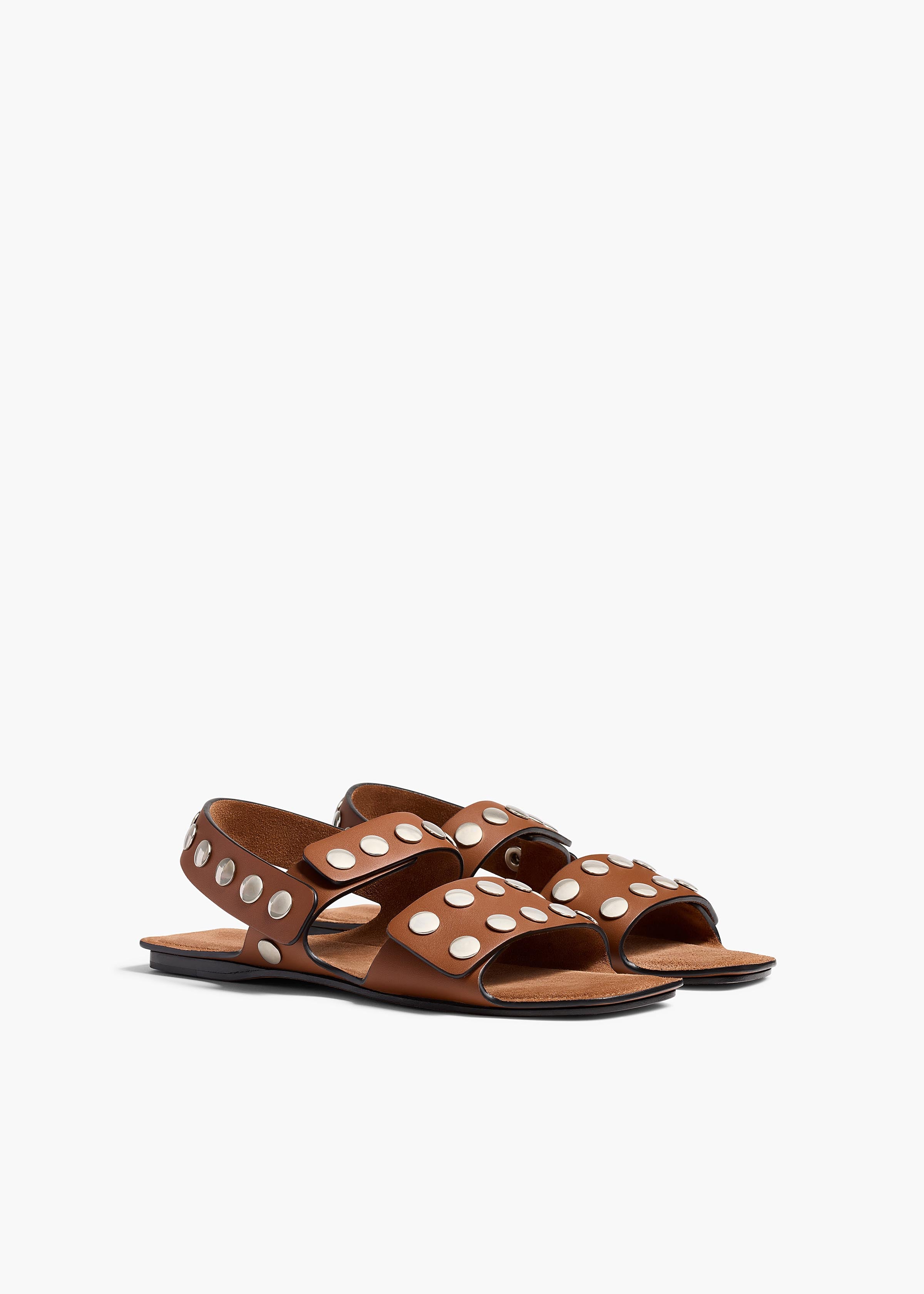 Boden Flat in Dark Tan Leather with Silver Studs ANGLED VIEW