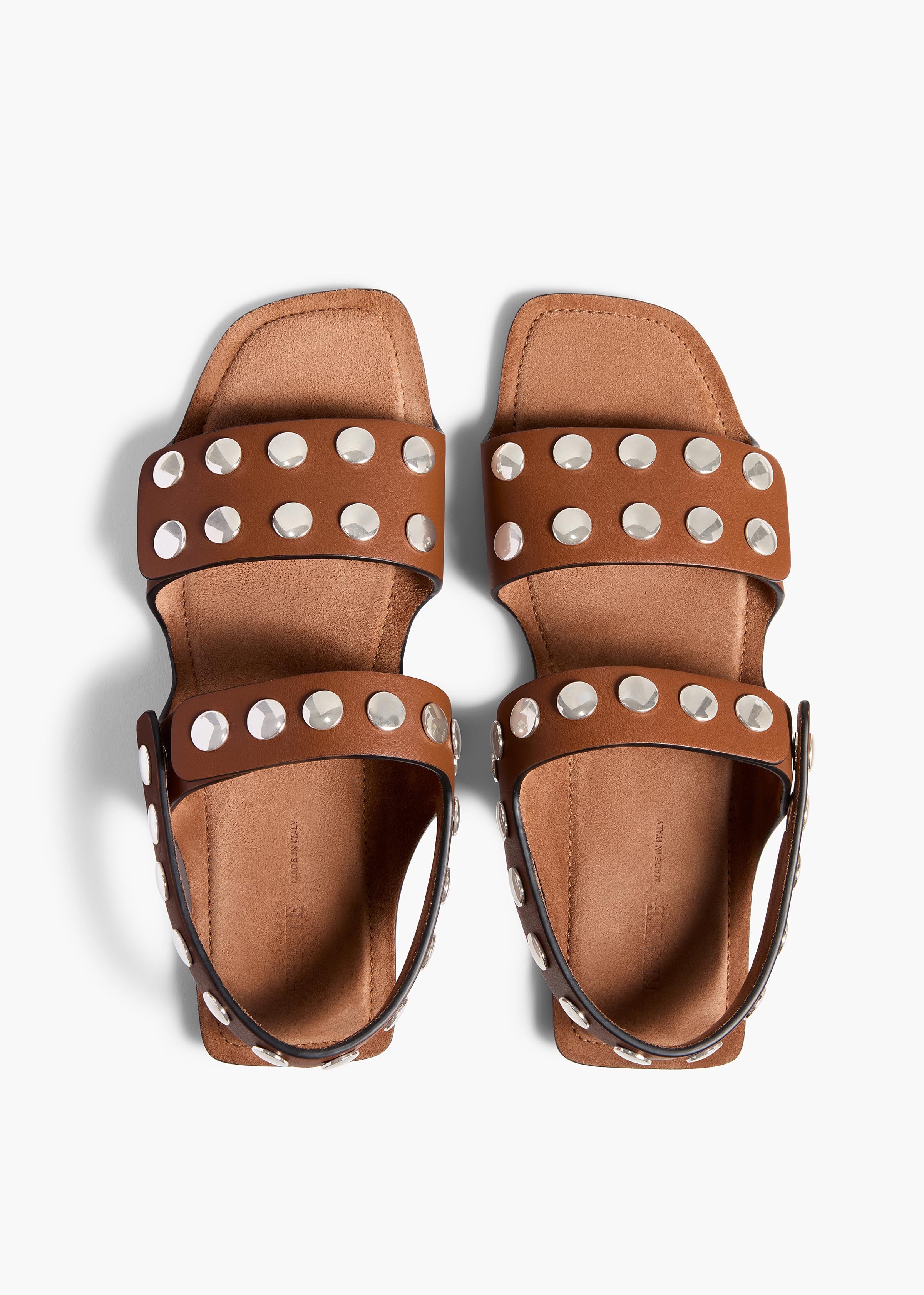 Boden Flat in Dark Tan Leather with Silver Studs OVERHEAD VIEW