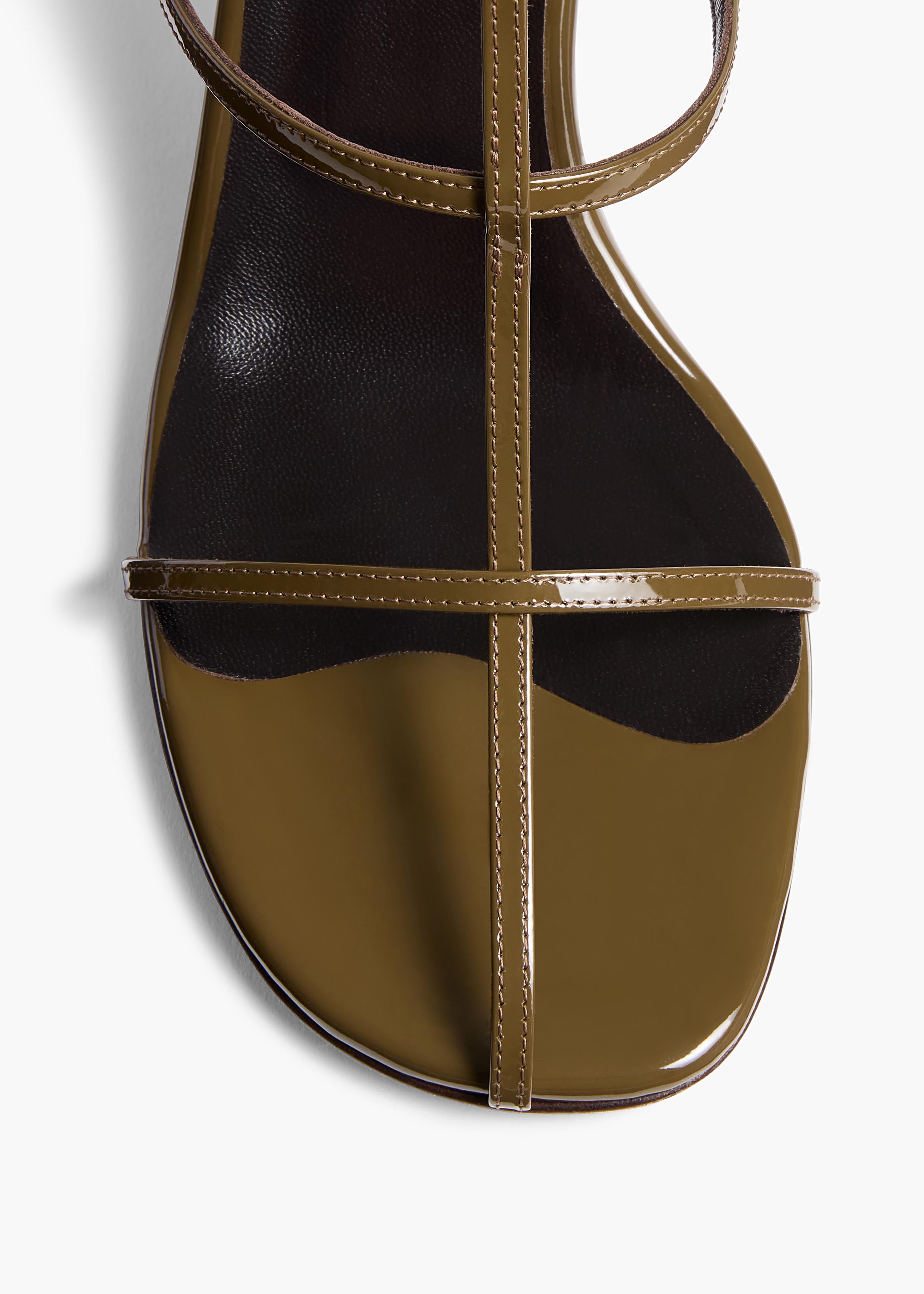 Cage Sandal in Dark Olive Patent Leather OVERHEAD VIEW