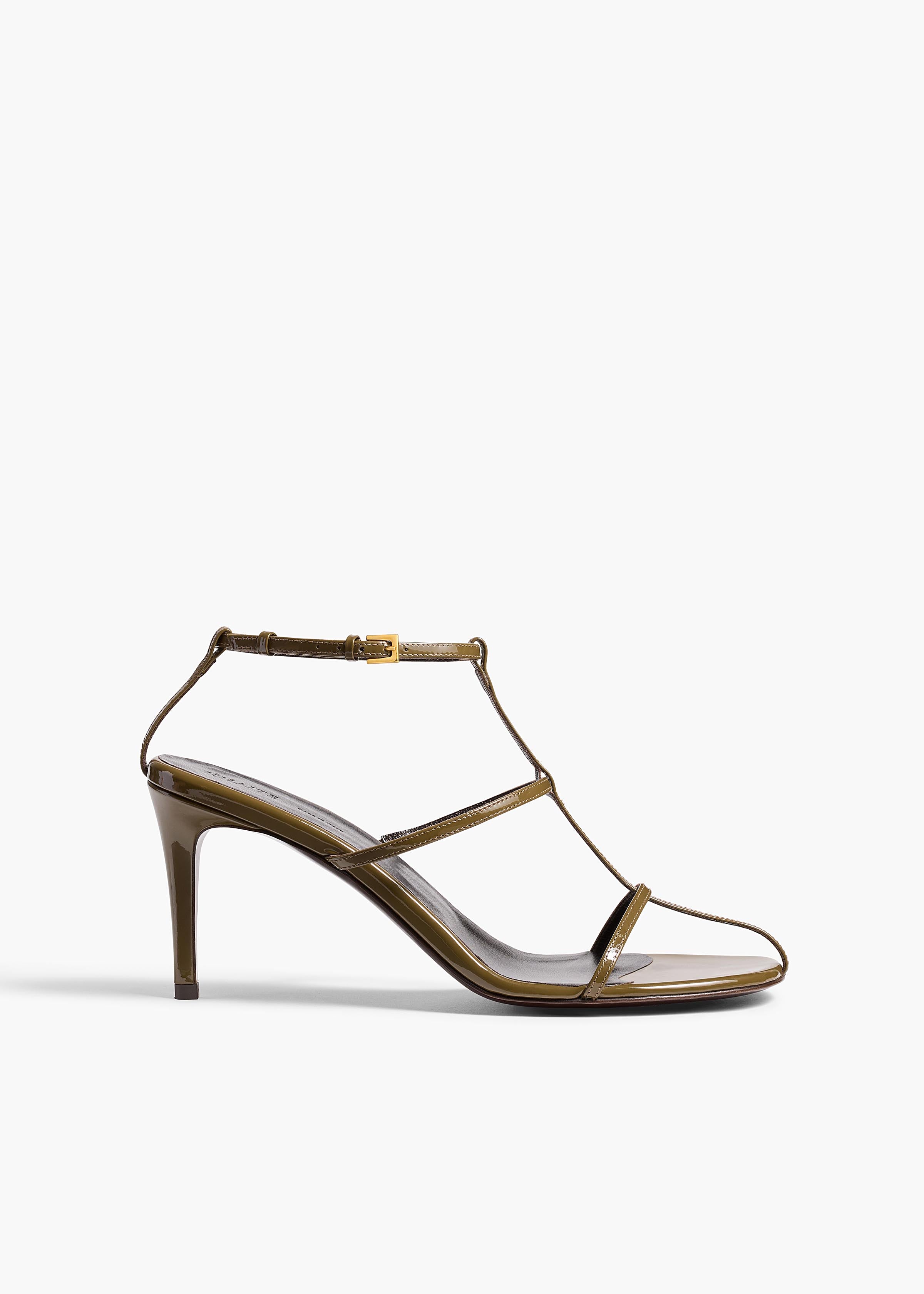 Cage Sandal in Dark Olive Patent Leather FRONT VIEW