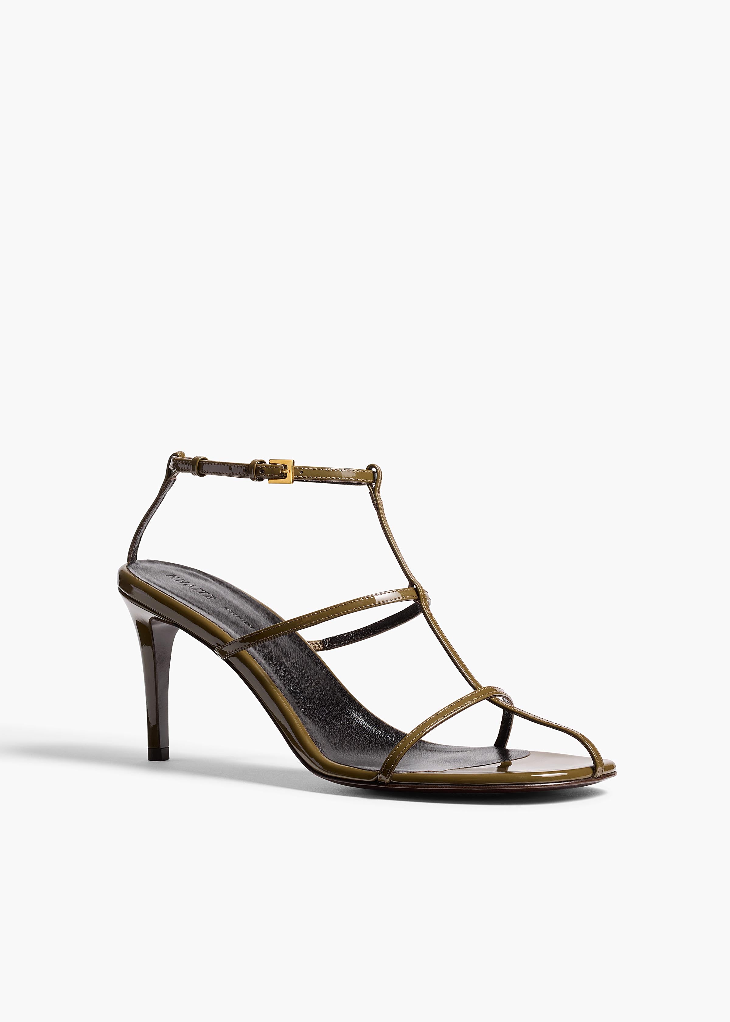 Cage Sandal in Dark Olive Patent Leather ANGLED VIEW