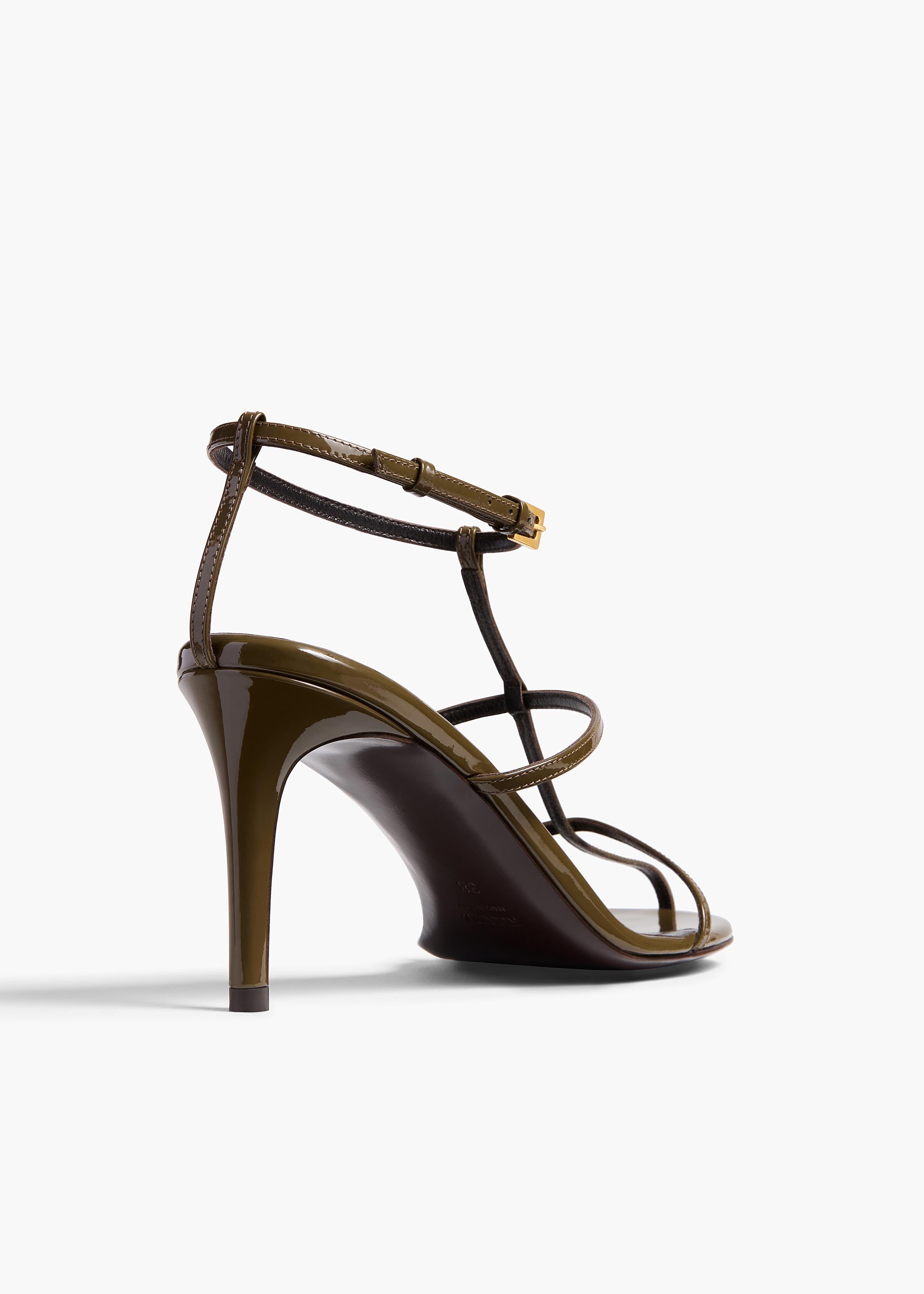 Cage Sandal in Dark Olive Patent Leather BACK VIEW