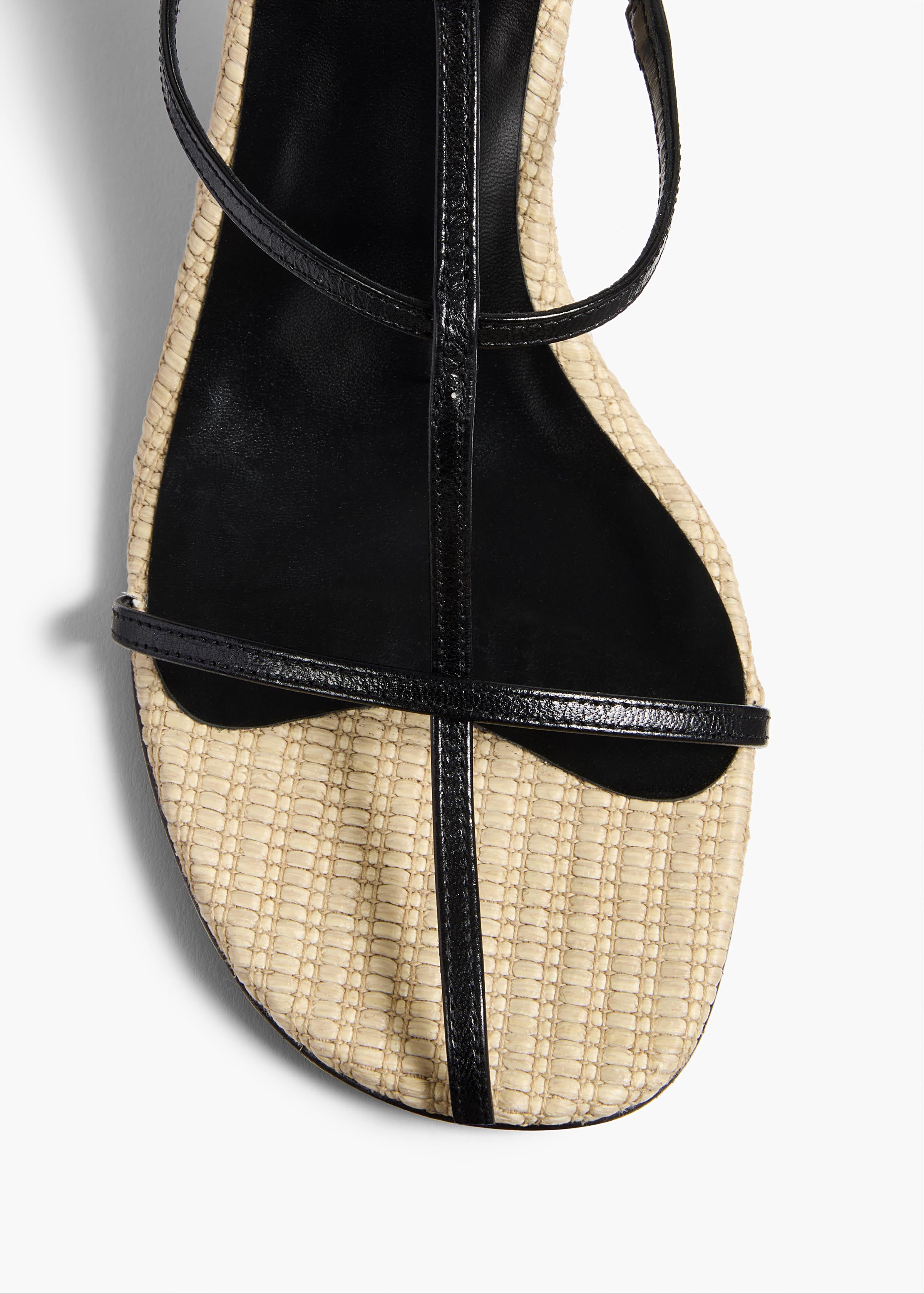 Cage Sandal in Natural Raffia with Black Leather OVERHEAD VIEW