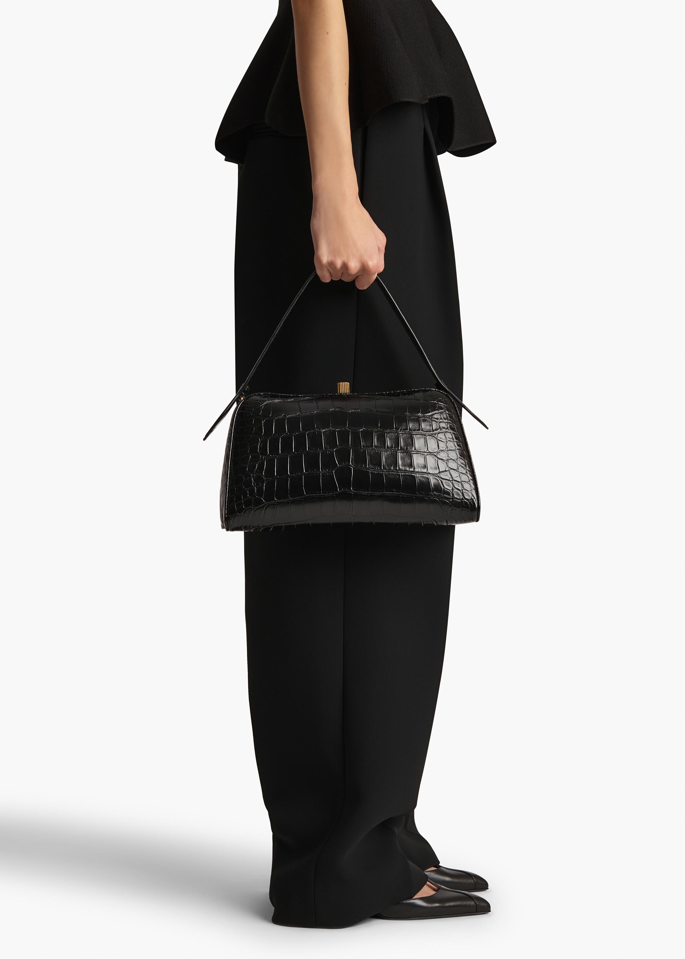Cate Handbag in Black Alligatorskin ON FIGURE