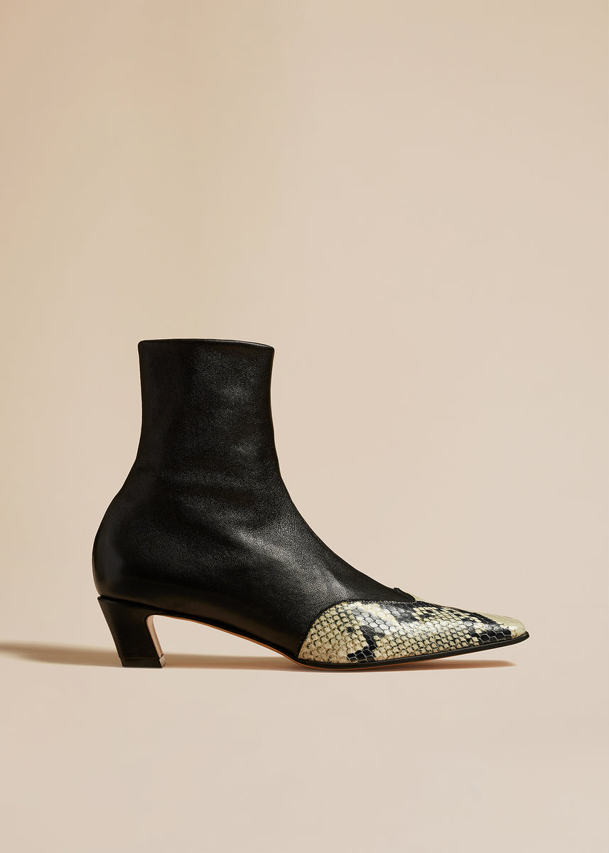 The Nevada Stretch Low Boot in Black with Natural Python-Embossed