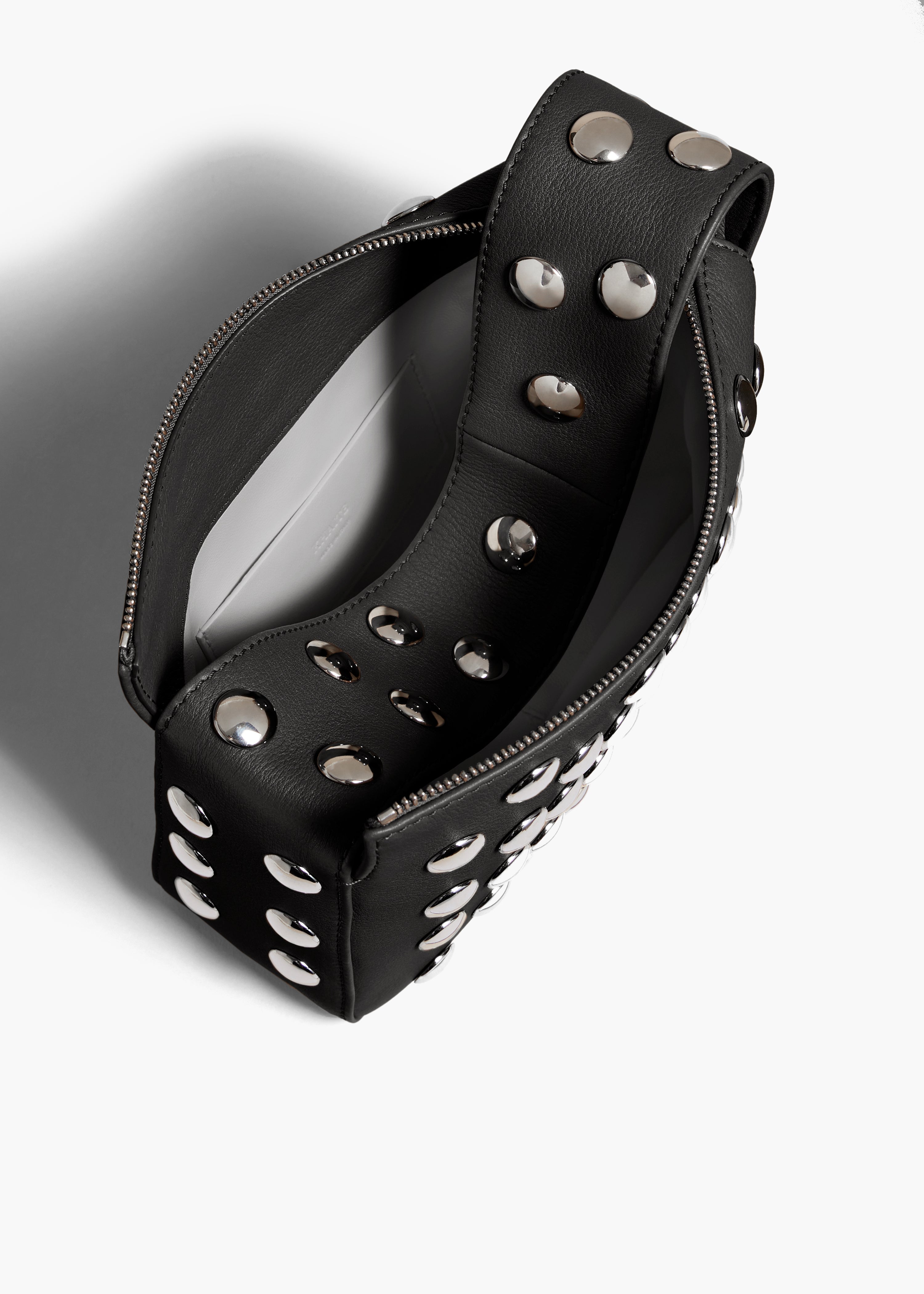 SMALL ELENA HANDBAG IN BLACK PEBBLED LEATHER WITH STUDS OVERHEAD VIEW