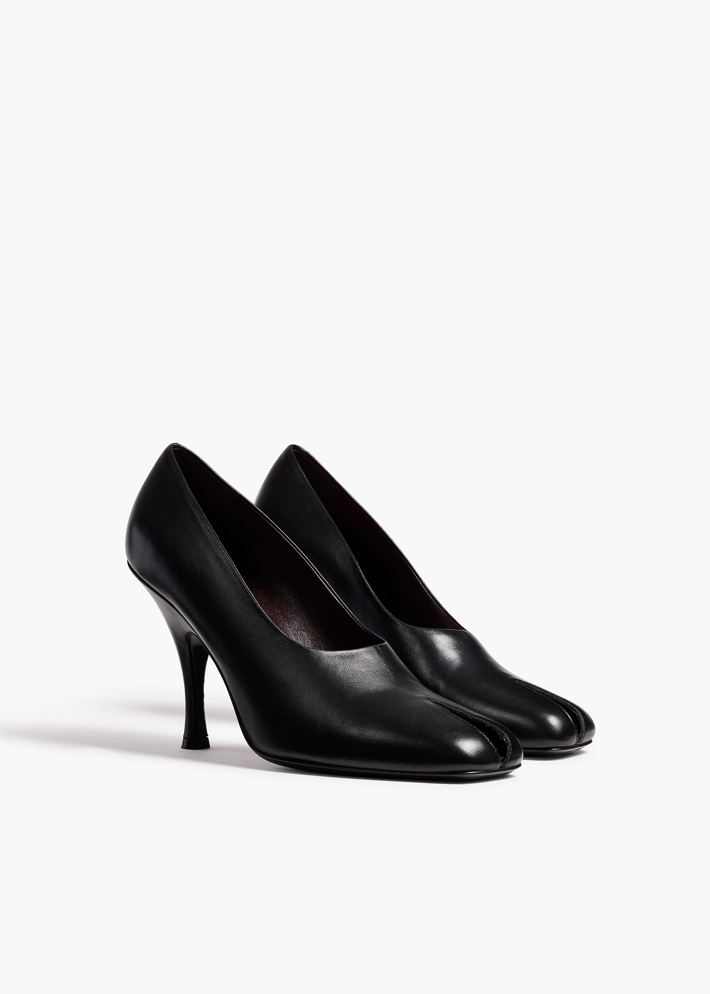 Eva Peep Toe Pump in Black Leather ANGLED VIEW