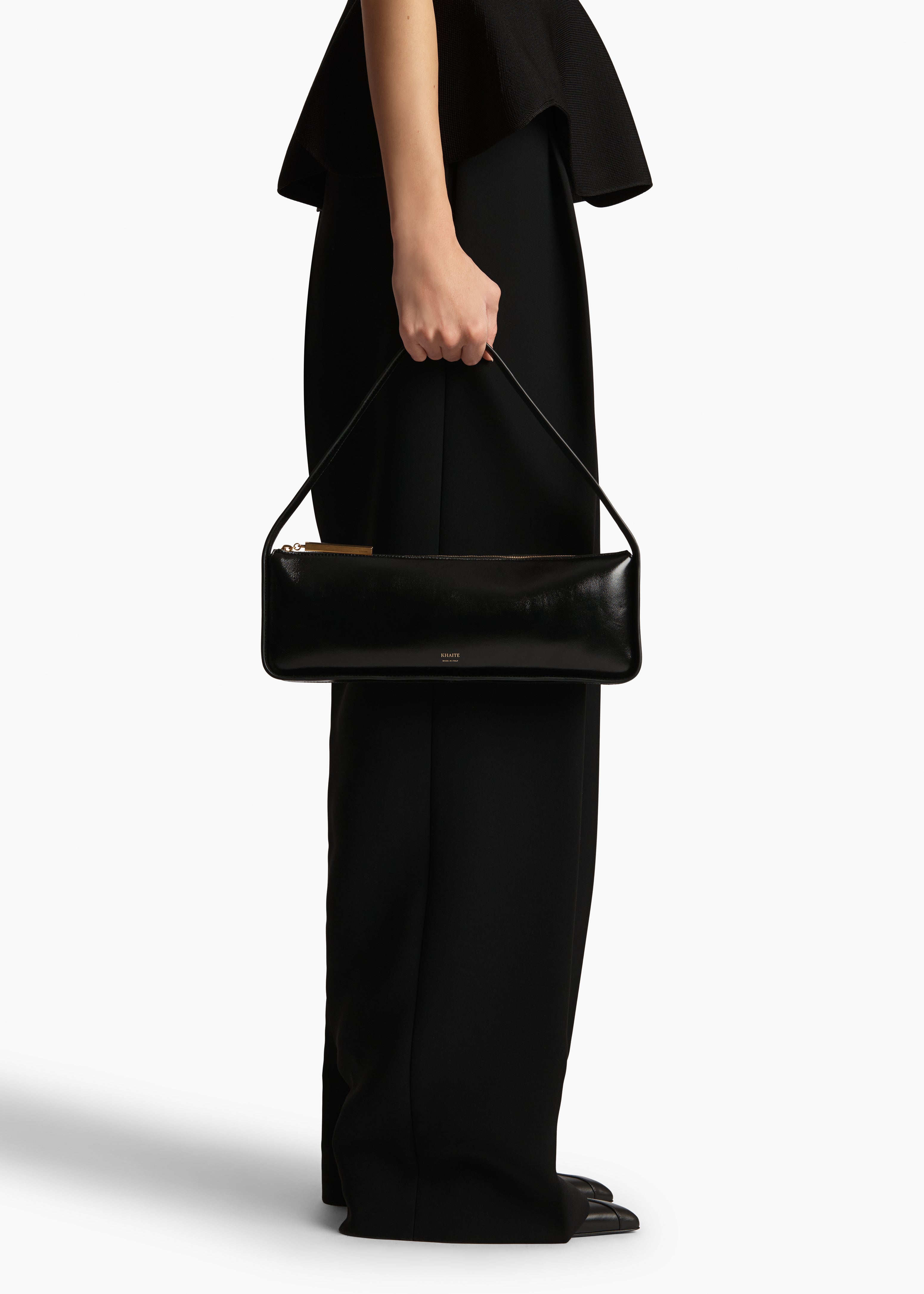 Lori Baguette Bag in Black Crackle Patent Leather STYLED VIEW