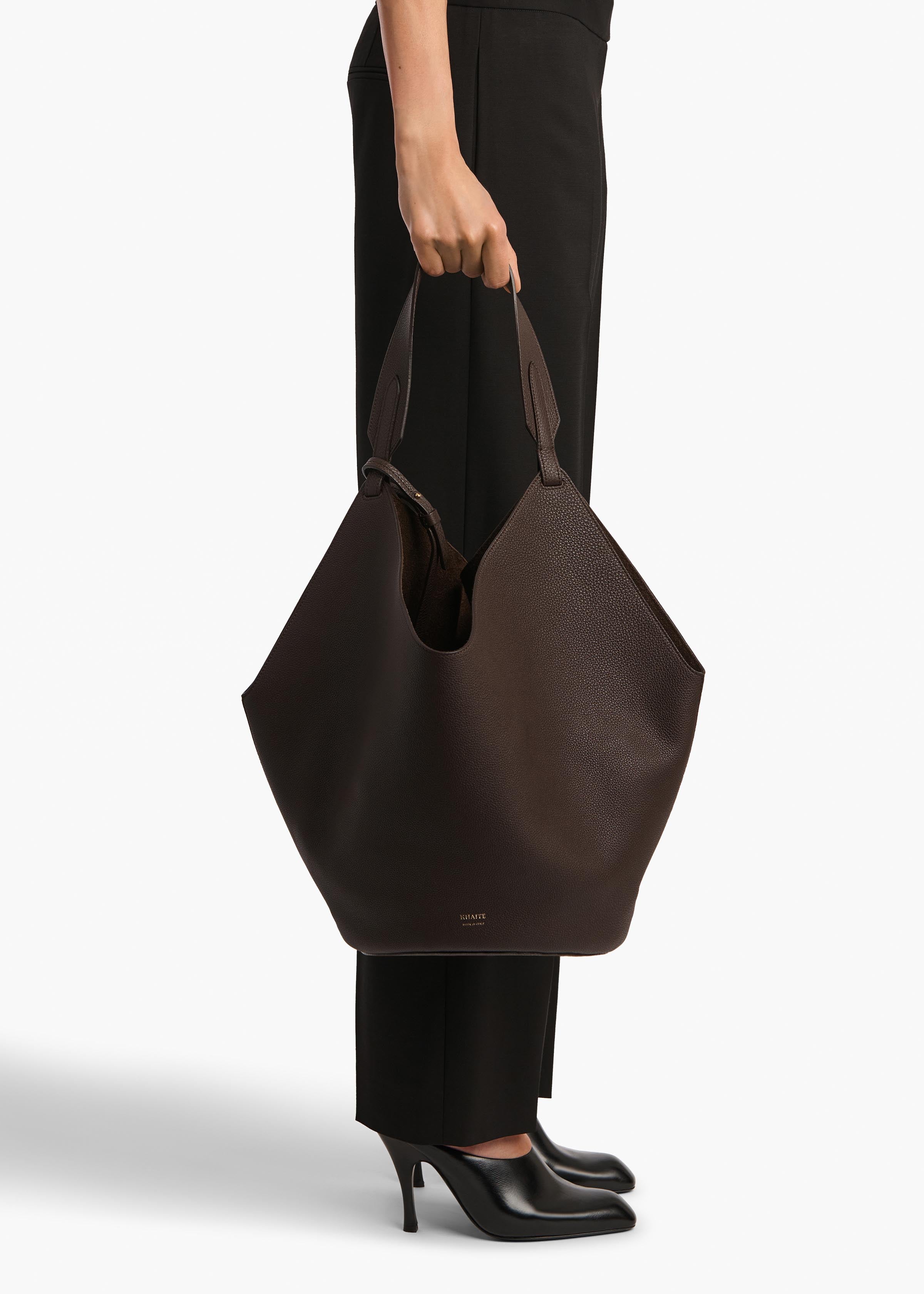 Medium Lotus Tote in Espresso Pebbled Leather ON FIGURE