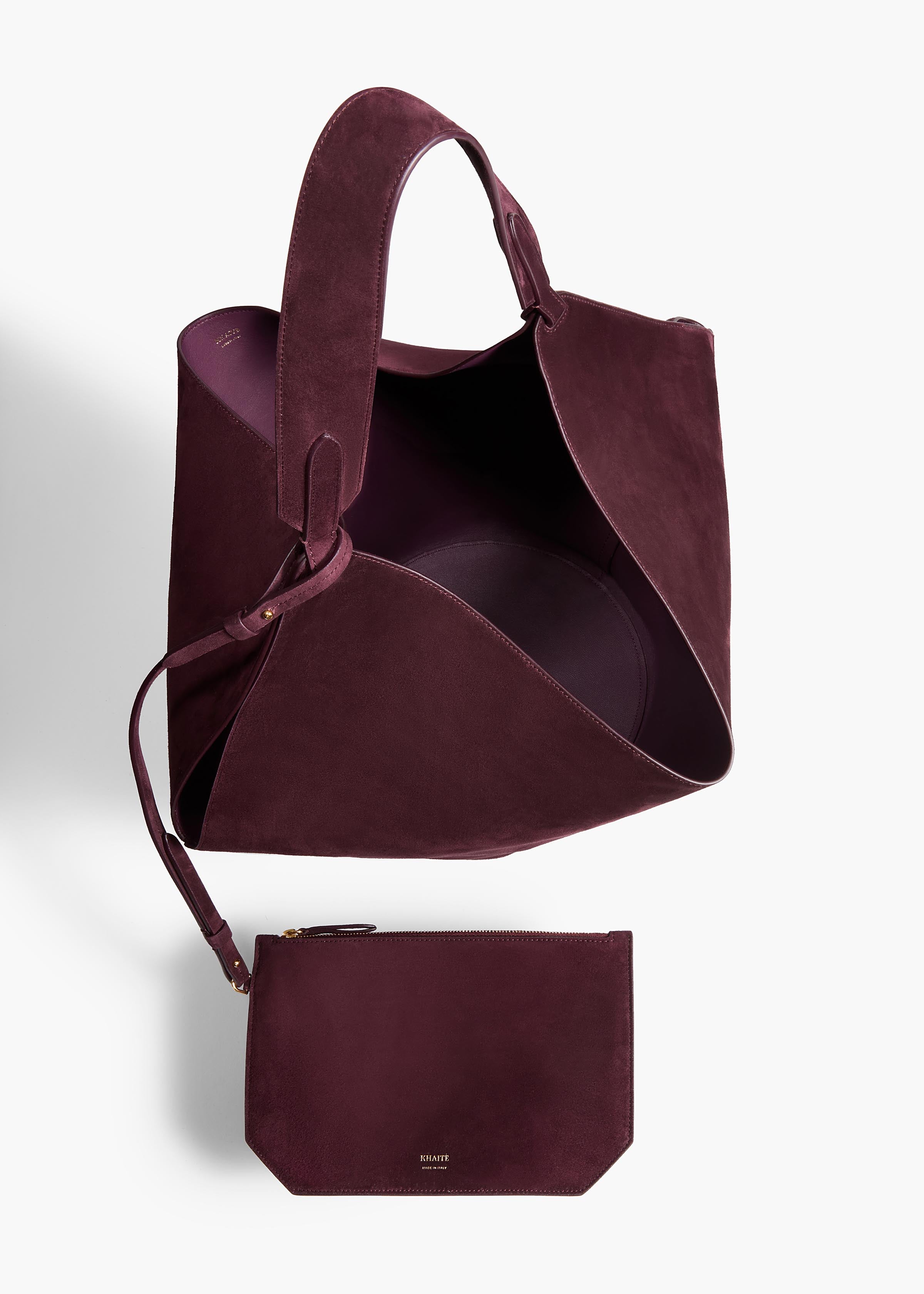 Medium Lotus Tote in Rouge Noir Suede OVERHEAD VIEW