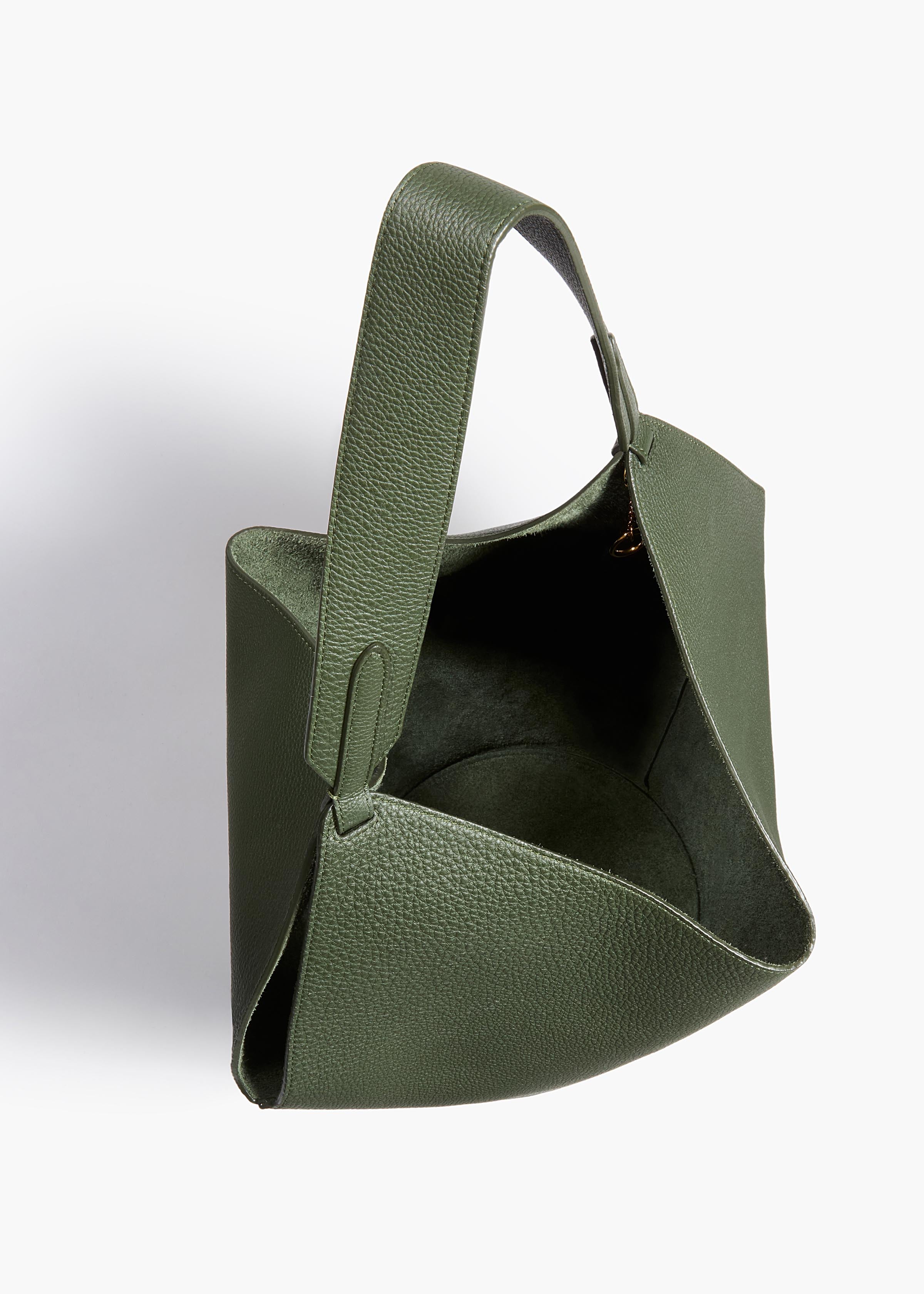 Small Lotus Tote in Bottle Green Pebbled Leather OVERHEAD VIEW
