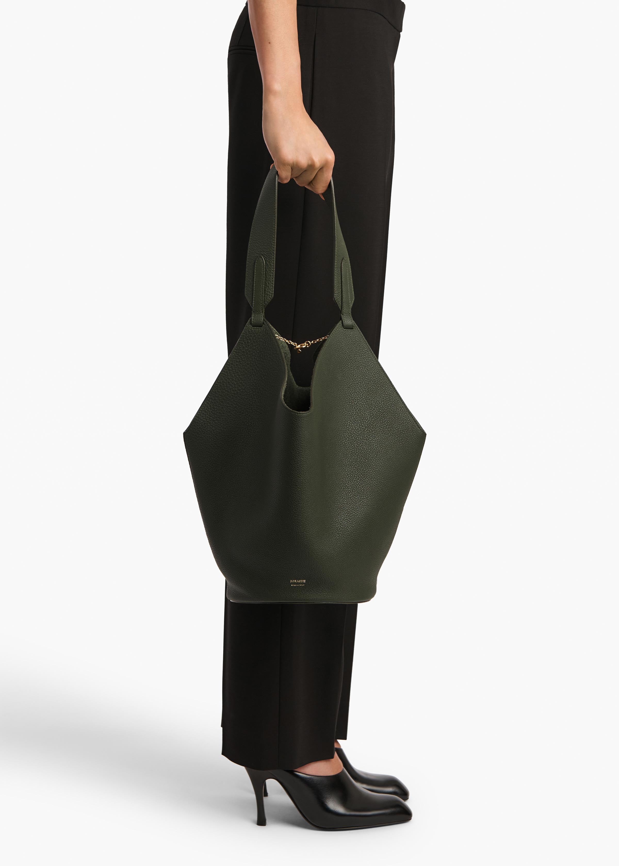 Small Lotus Tote in Bottle Green Pebbled Leather ON FIGURE