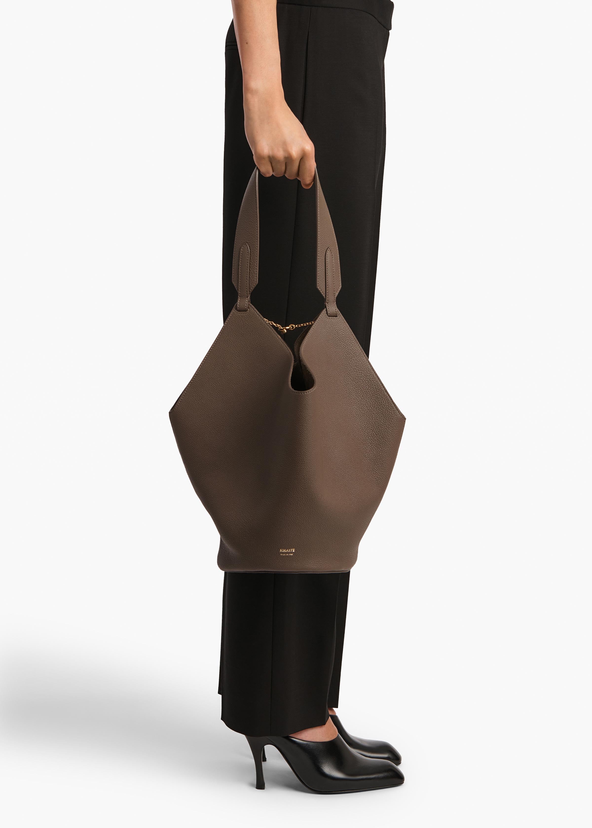 Small Lotus Tote in Elephant Pebbled Leather ON FIGURE
