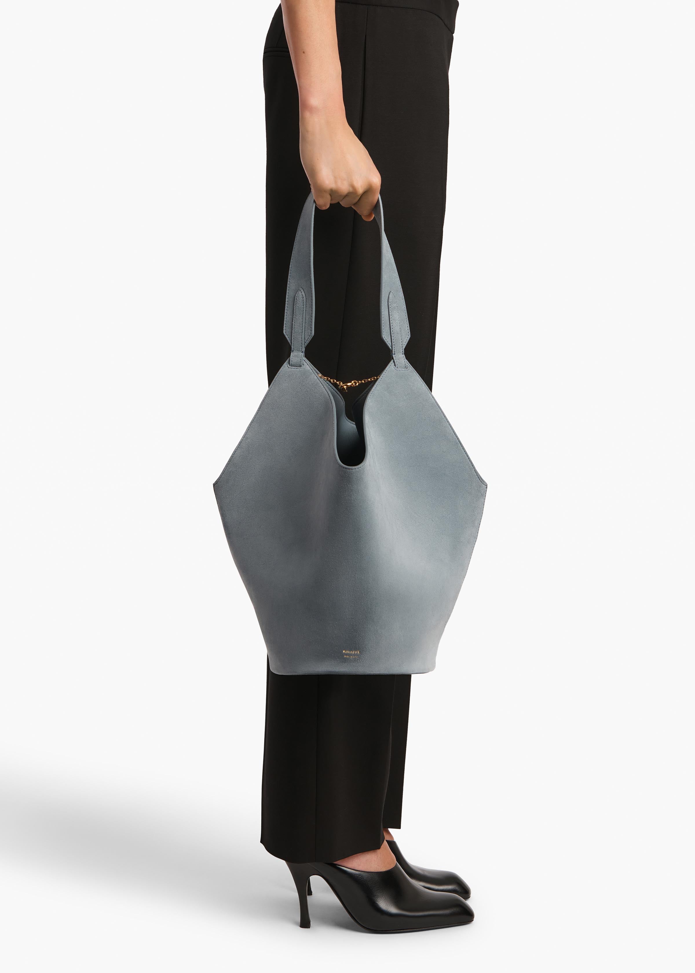 Small Lotus Tote in Lead Suede ON FIGURE