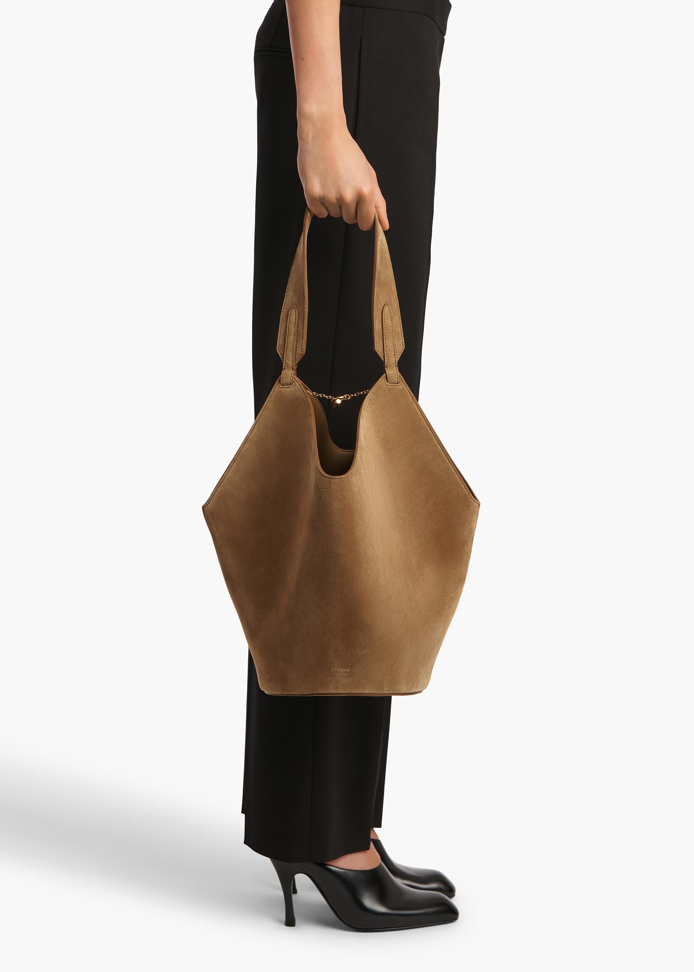Small Lotus Tote in Mud Suede ON FIGURE