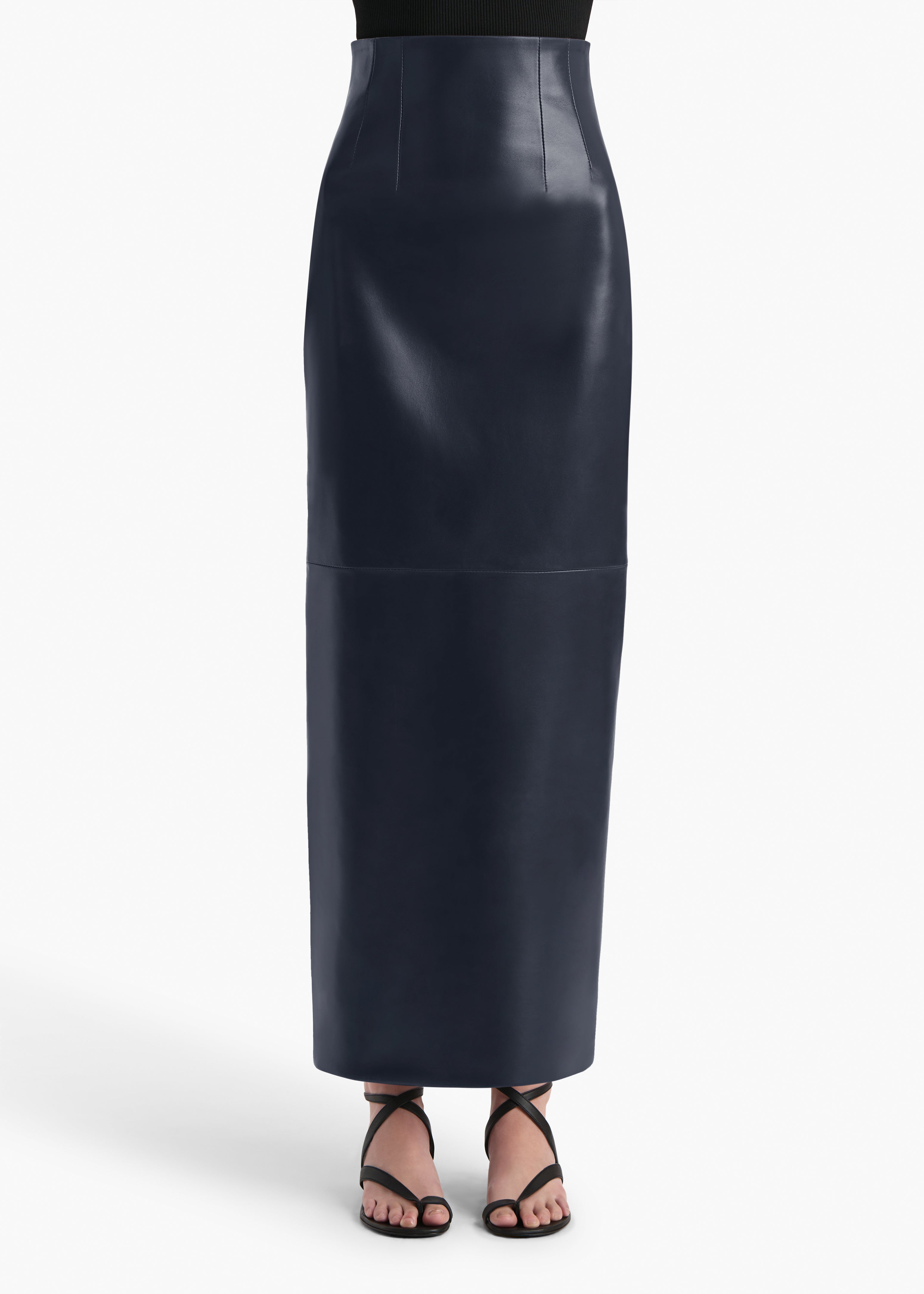Loxley Skirt in Dark Navy Leather FRONT VIEW