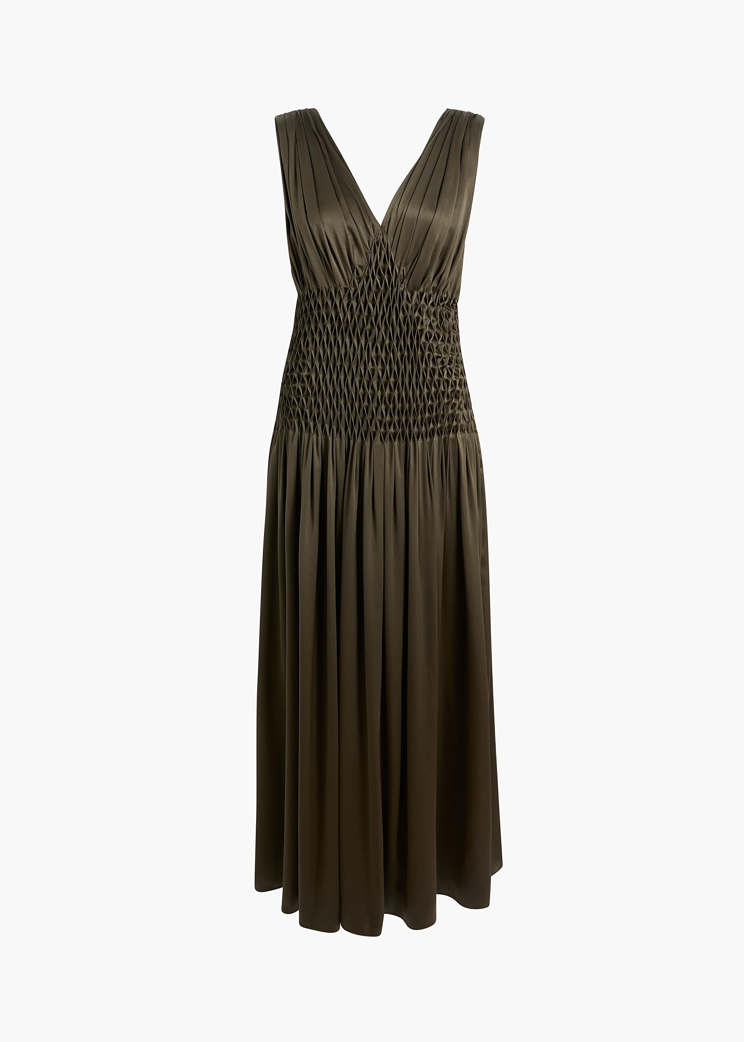KHAITE Nola Dress in Dark Olive Silk - Green Designer Dress