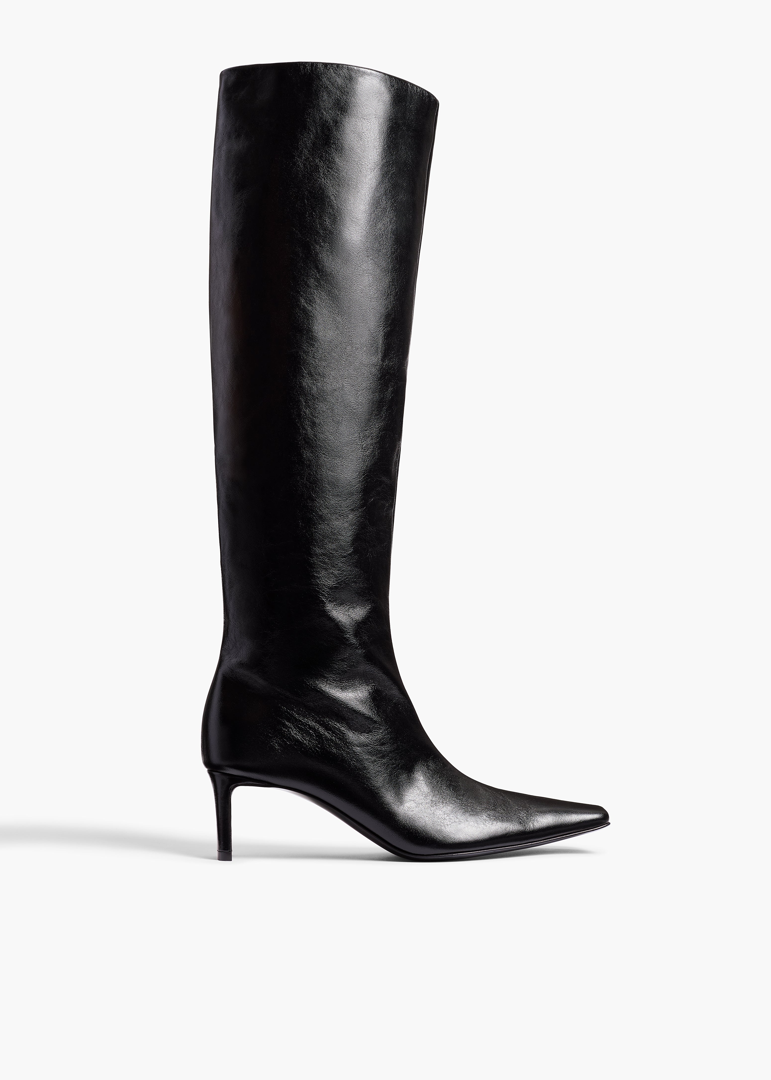 Ona Knee-High Boot in Black Glazed Leather FRONT VIEW