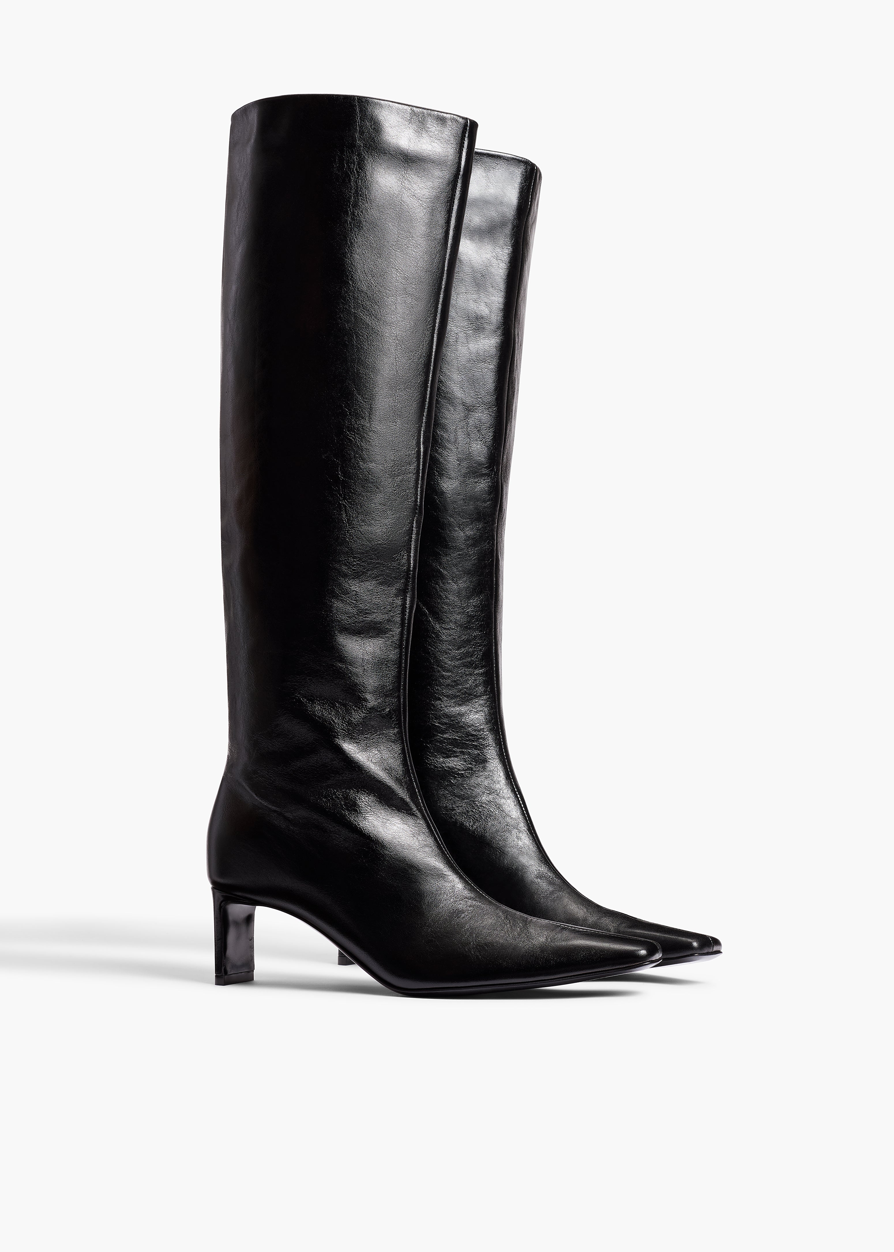 Ona Knee-High Boot in Black Glazed Leather ANGLED VIEW