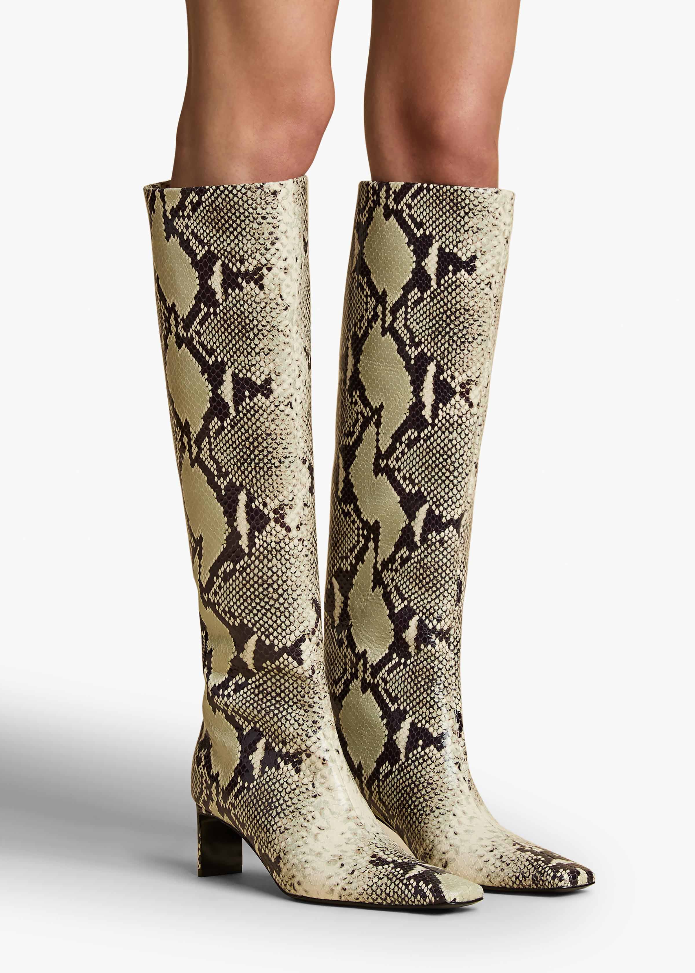 Ona Knee-High Boot in Natural Python-Embossed Leather ON FIGURE