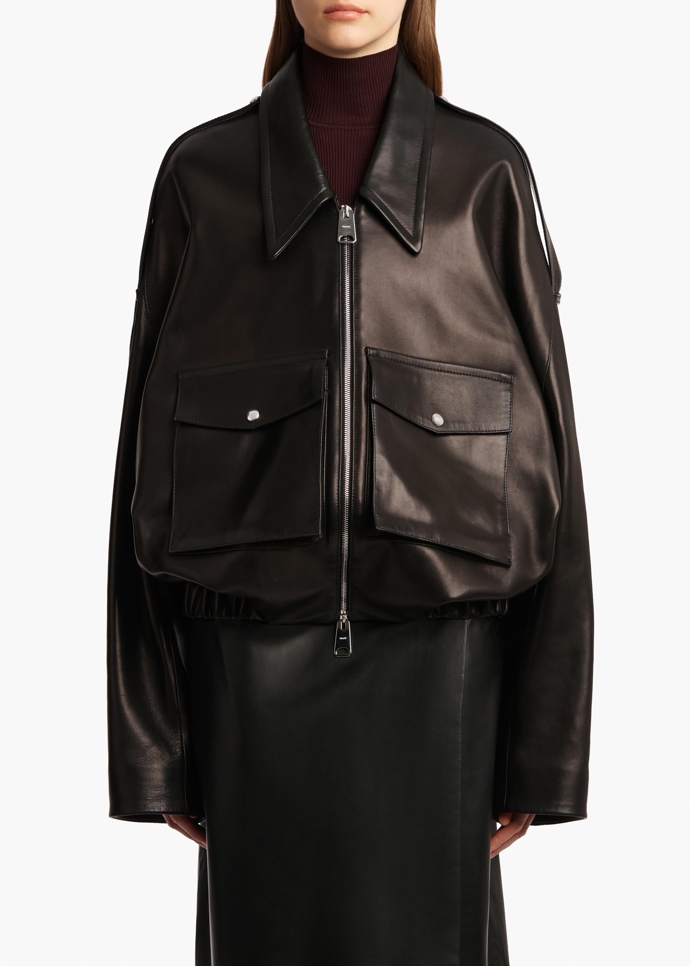Owey Jacket in Black Leather FRONT VIEW