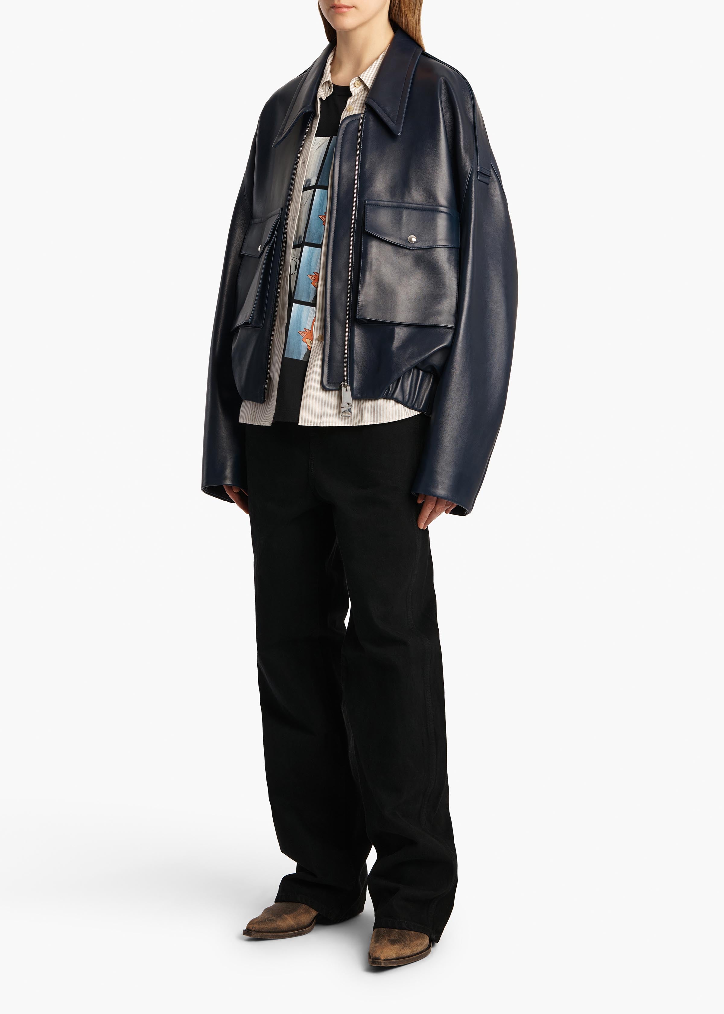 Owey Jacket in Dark Navy Leather STYLED VIEW