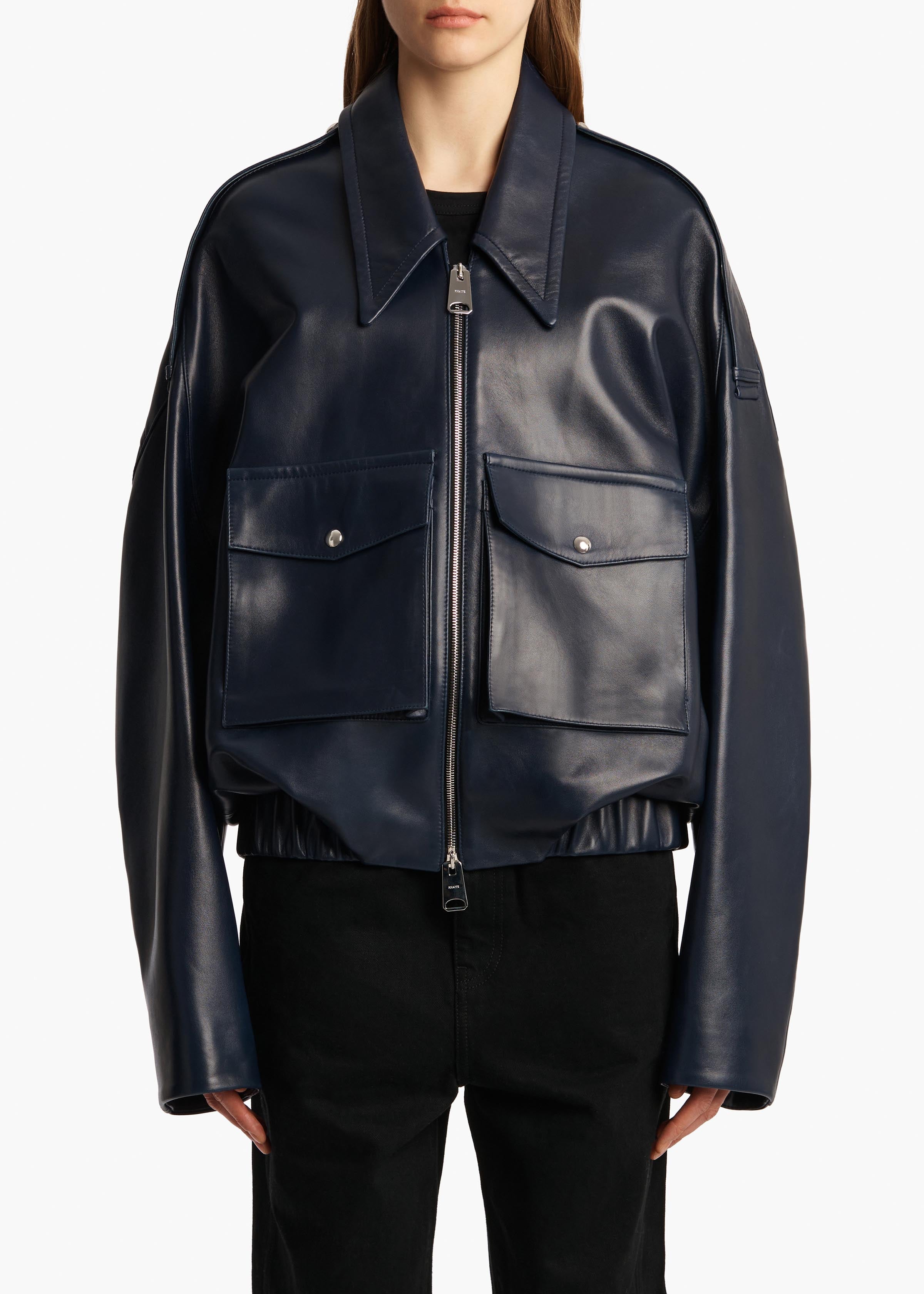 Owey Jacket in Dark Navy Leather FRONT VIEW