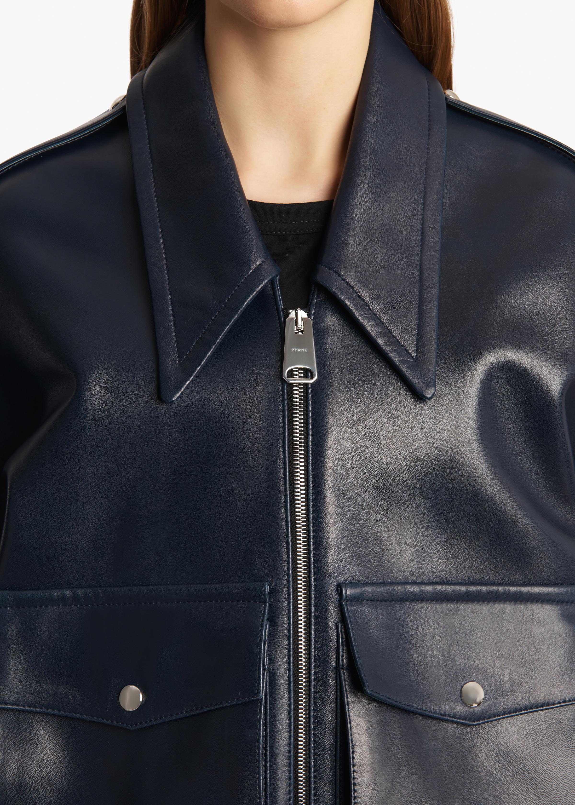 Owey Jacket in Dark Navy Leather DETAILED VIEW 1
