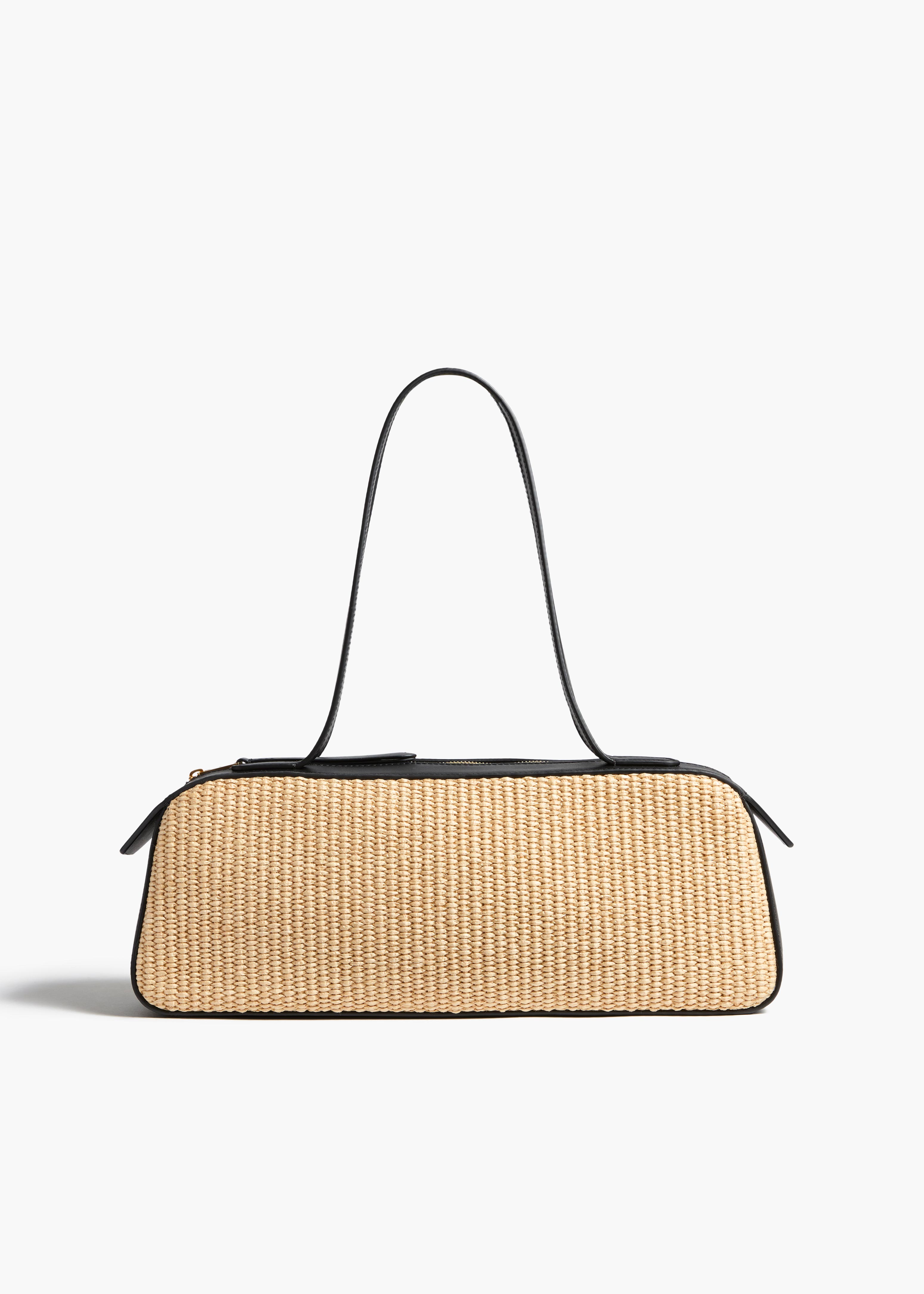 Simona Shoulder Bag in Natural Raffia with Black Leather FRONT VIEW