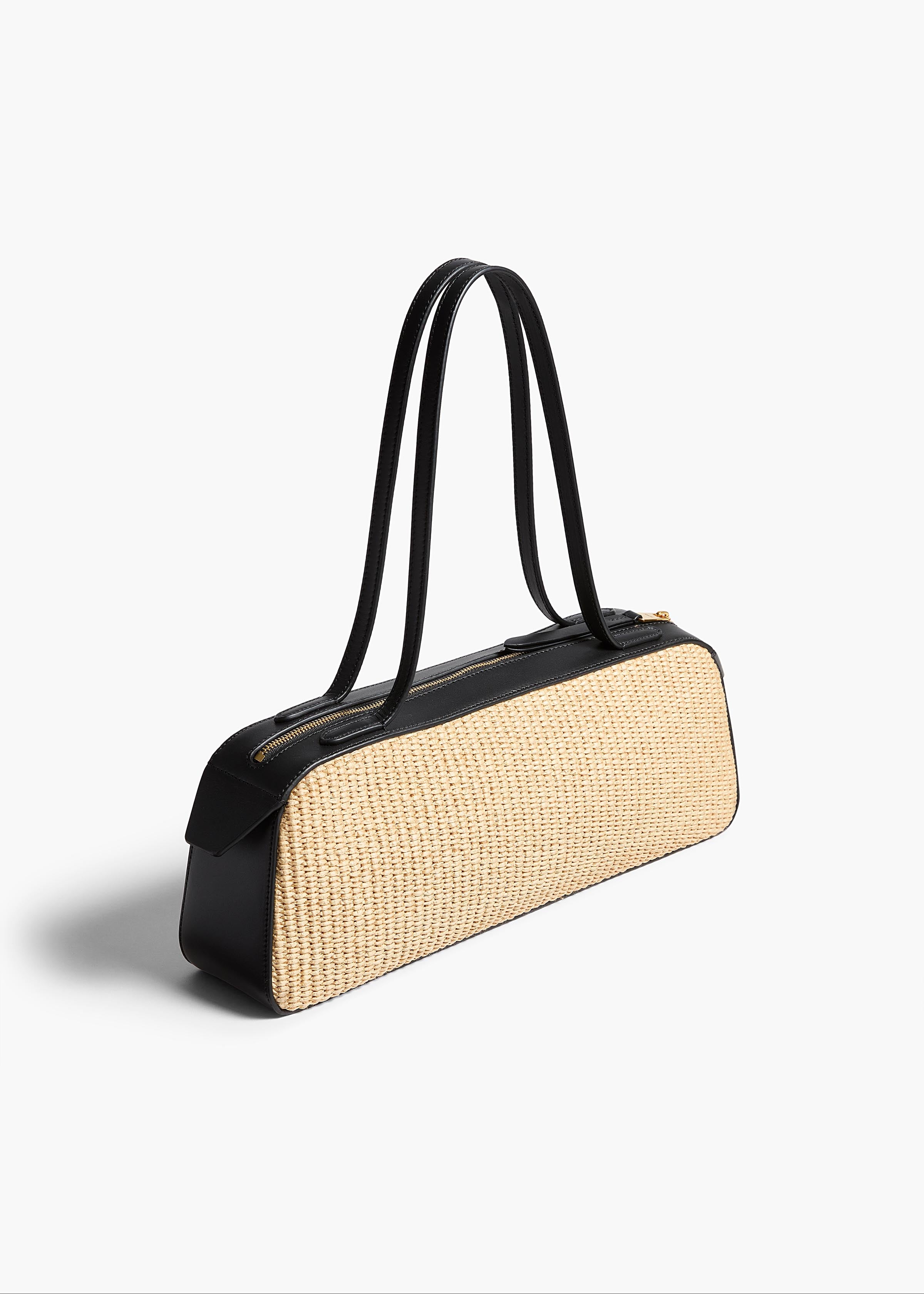 Simona Shoulder Bag in Natural Raffia with Black Leather BACK VIEW