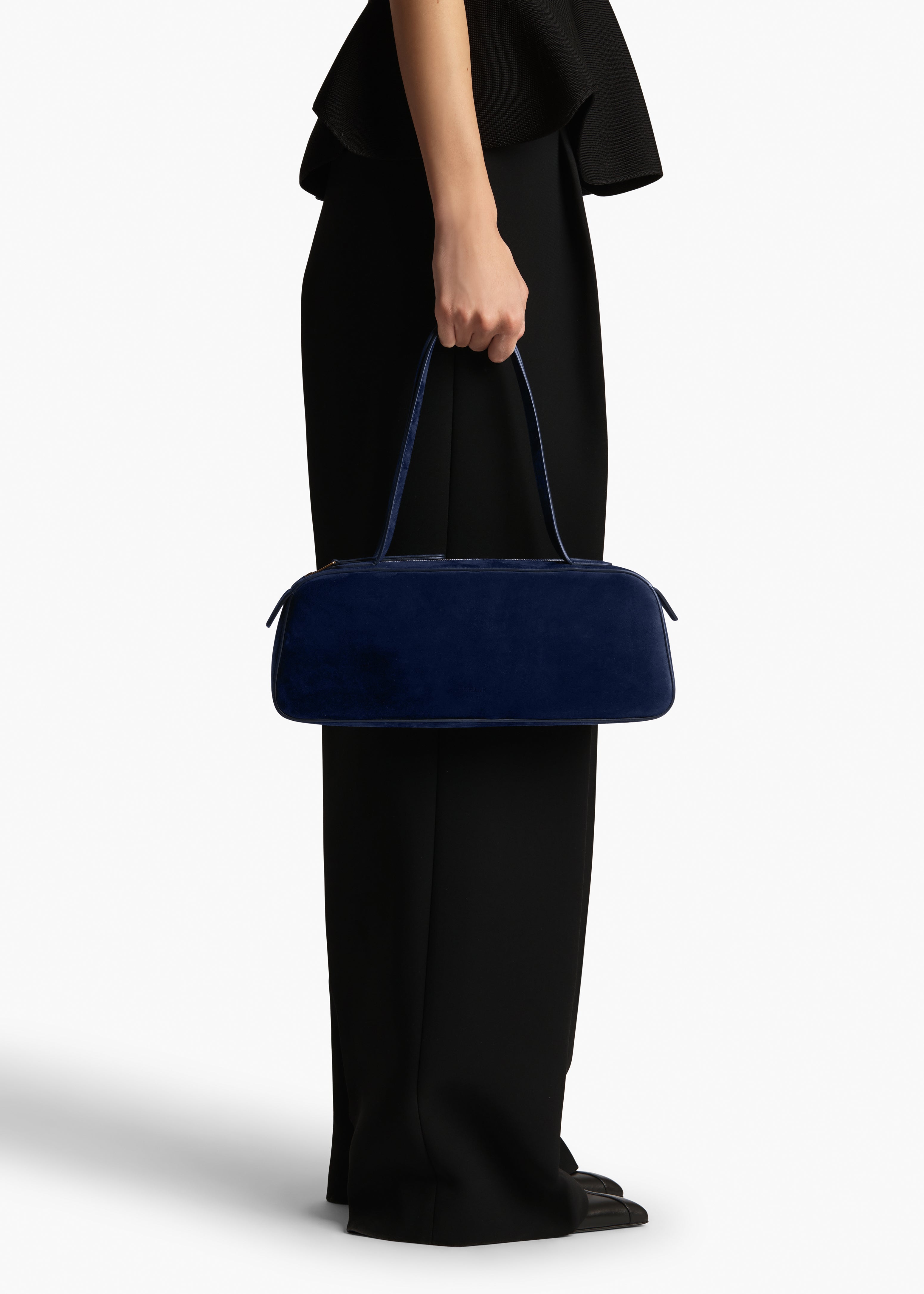 Simona Shoulder Bag in Midnight Suede ON FIGURE