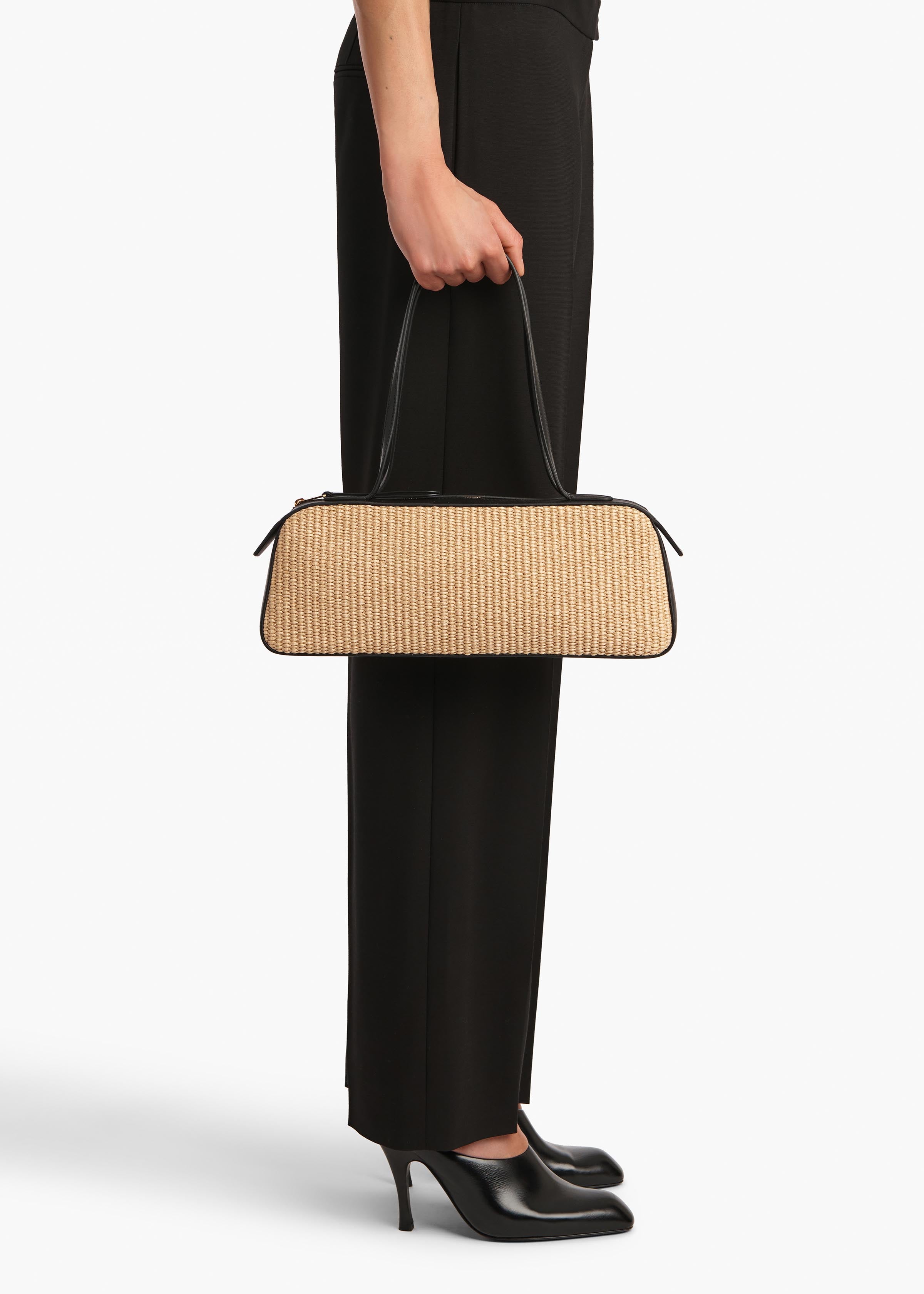 Simona Shoulder Bag in Natural Raffia with Black Leather ON FIGURE VIEW