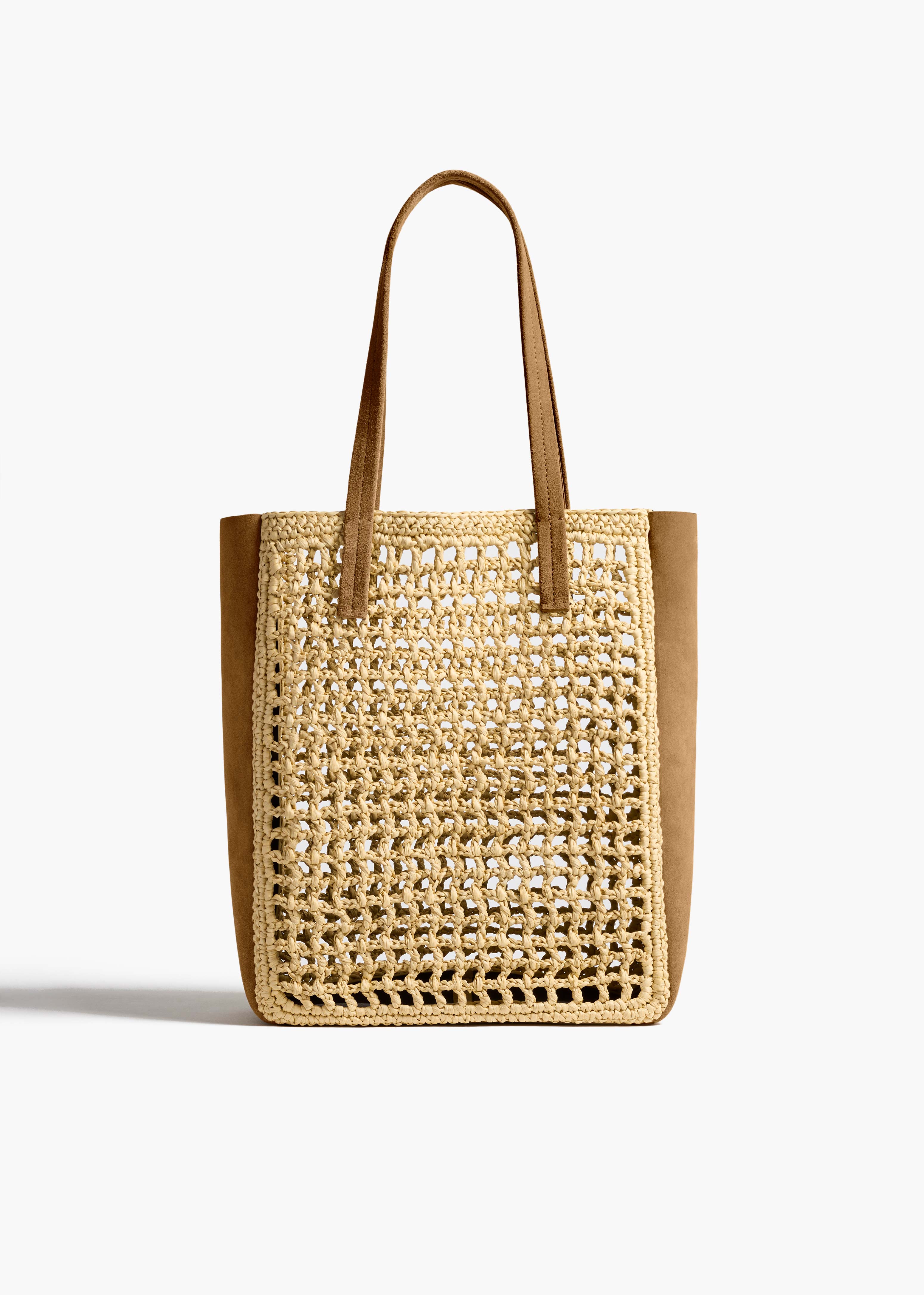 Small Zoe Tote in Natural Raffia with Mud Suede FRONT VIEW