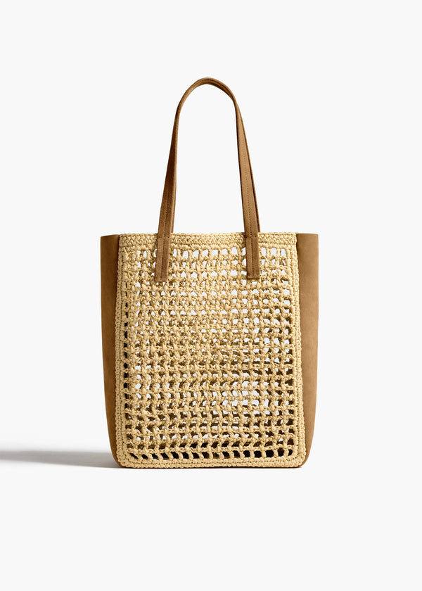 Small Zoe Tote in Natural Raffia with Mud Suede FRONT VIEW